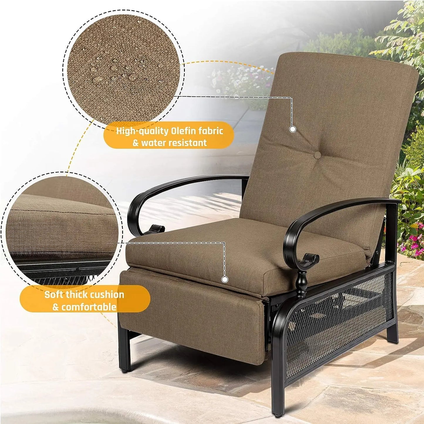 Outdoor Adjustable Recliner Chair for Patio - A Relaxing Outdoor Metal Furniture Chair with Thick Cushion, Brown, Custom