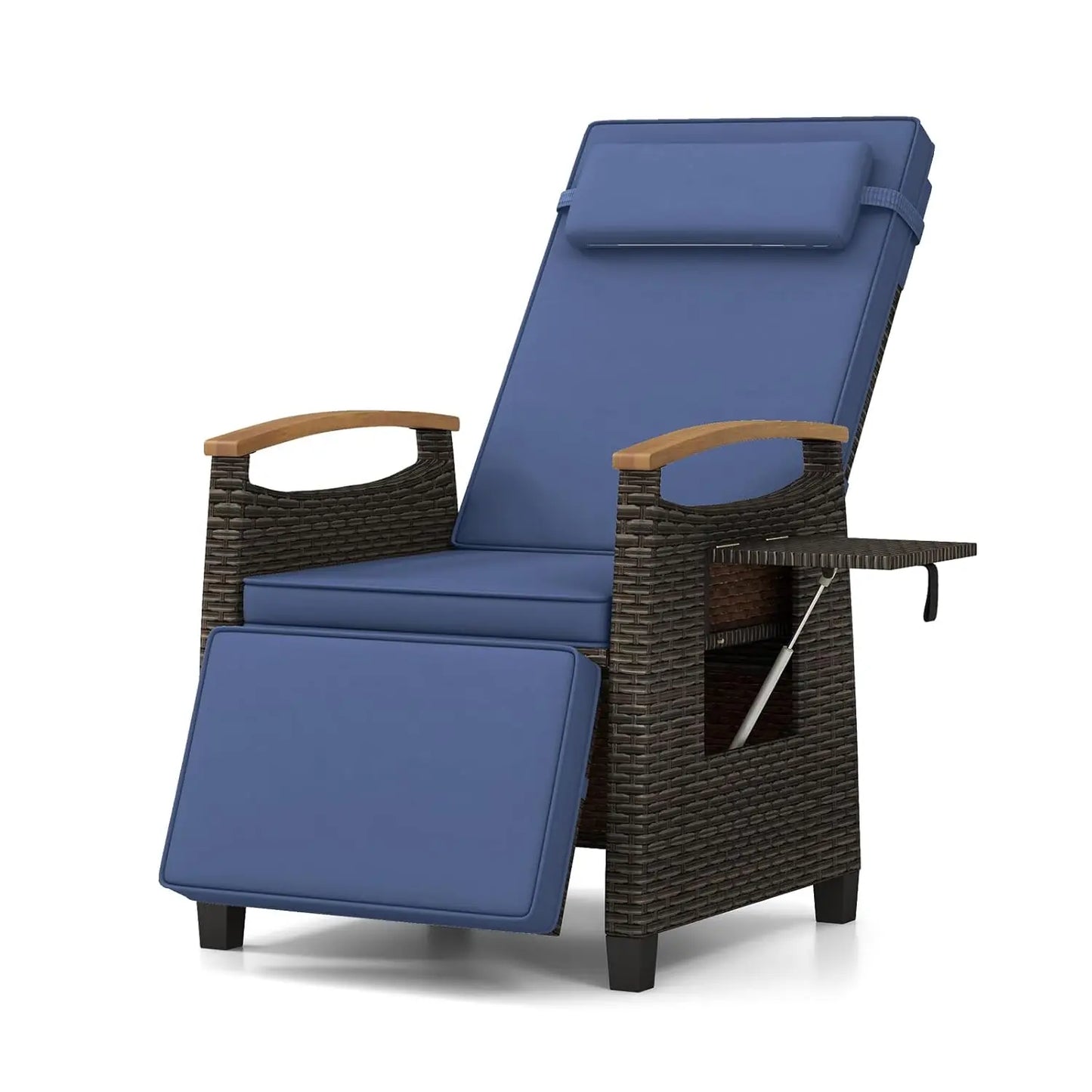 Patio Wicker Recliner Chair, Rattan Lounge Chair w/Adjustable Backrest & Footrest, Flip Side Table, Push Back, Custom