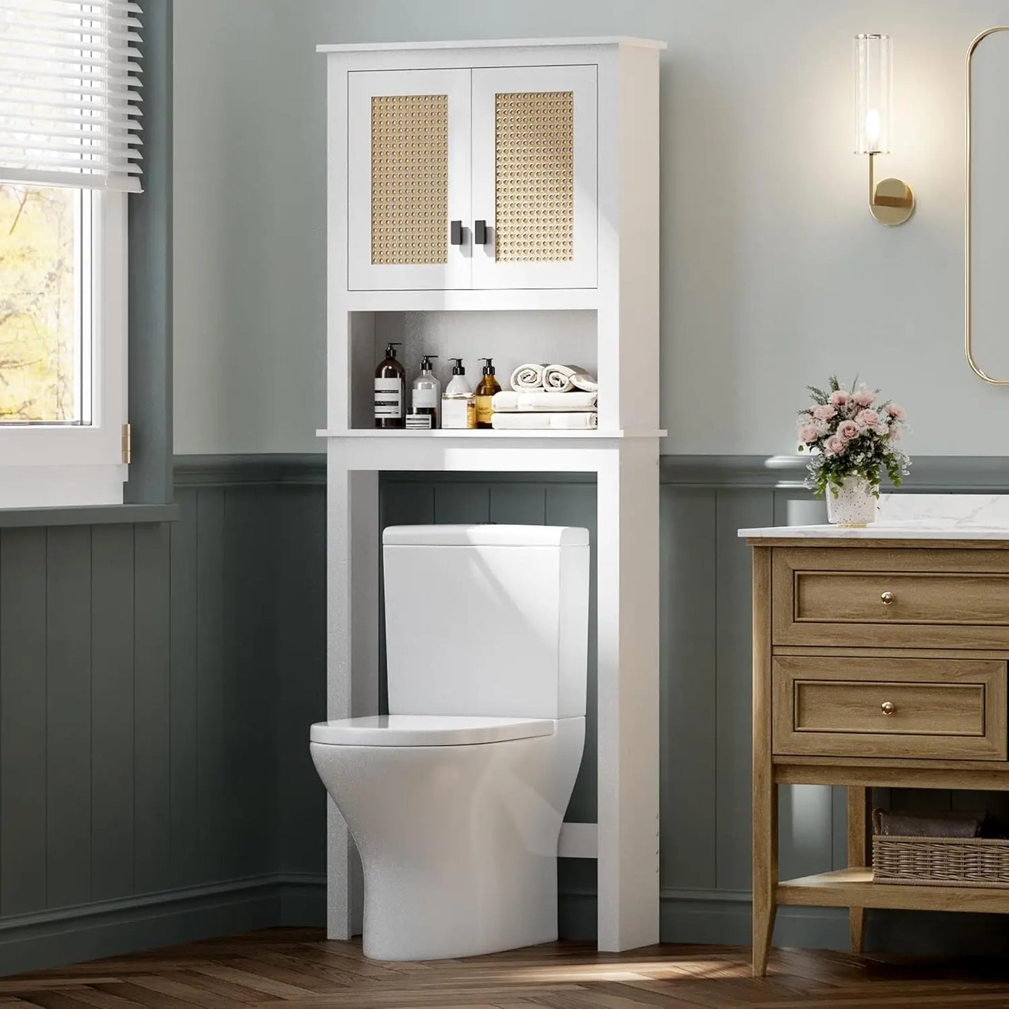 Farmhouse Over Toilet Storage Cabinet With Rattan Doors