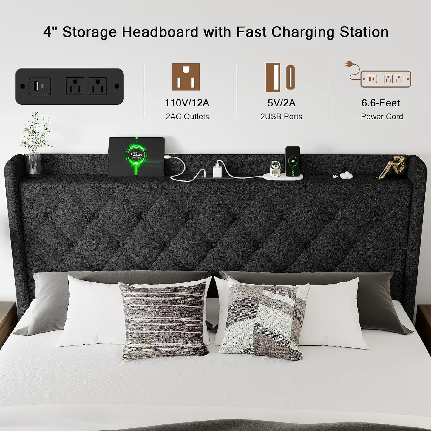 Queen Lift Up Storage Bed Frame with Headboard, Upholstered Bed Frame with Charging Station, No Box Spring Needed,, Custom