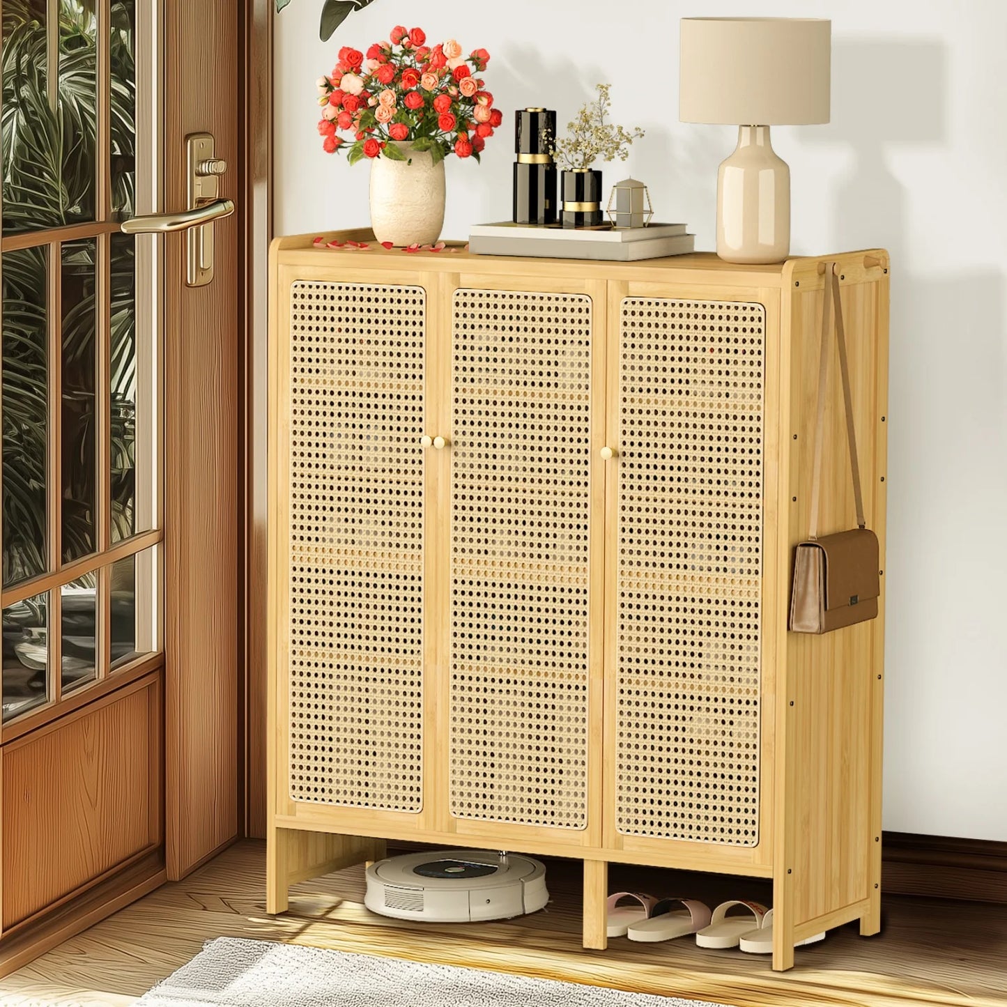 Bamboo Shoe Cabinet Organizer With 3 Doors And 6 Tiers