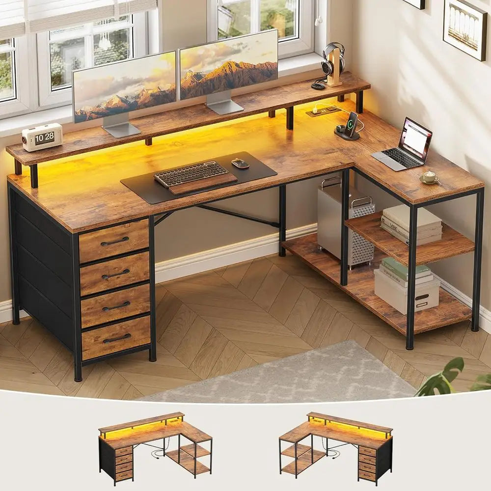 L Shaped Desk with Drawers, Shelves, LED Lights and Outlets