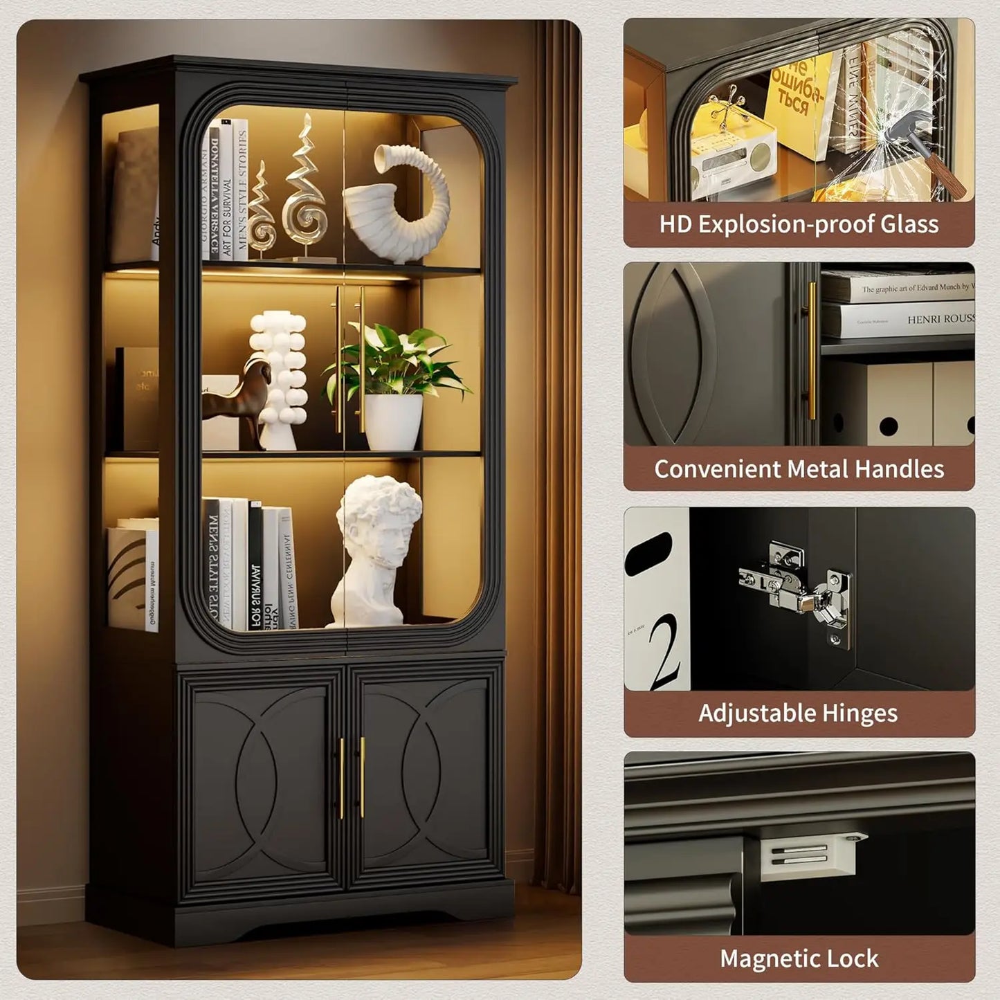 ZHILU Glass Display Curio Cabinet With LED Lights Body Sensor