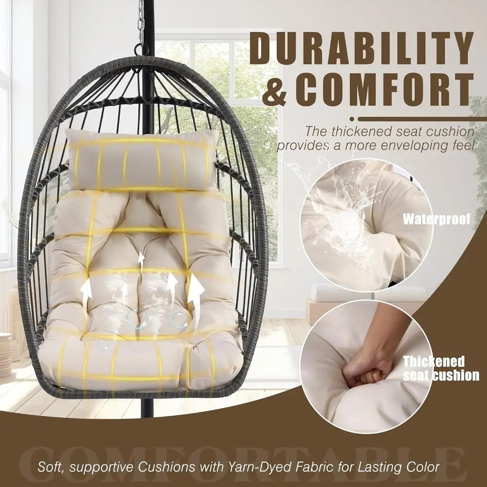 Egg Chair with Stand, Outdoor Hanging Swing Chairs, Indoor Hammock Egg Chair with Removable Cushion and Pillows, Patio Wicker Po