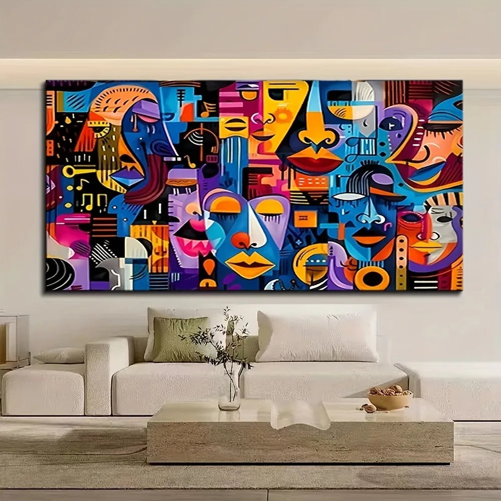 With stylized faces and geometric shapes, 1.5 inch thick pine frame, modern vintage art, suitable for interior decoration