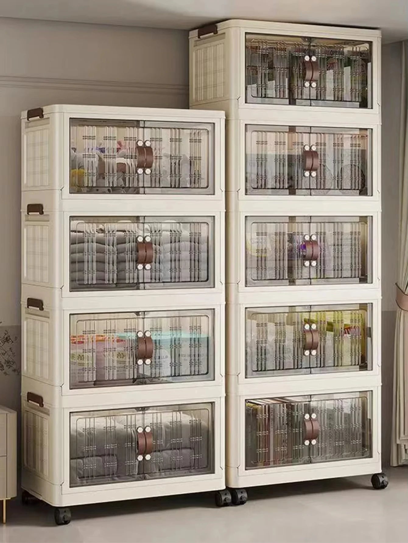 Stackable Plastic Storage Cabinet with Doors and Wheels for Bedroom