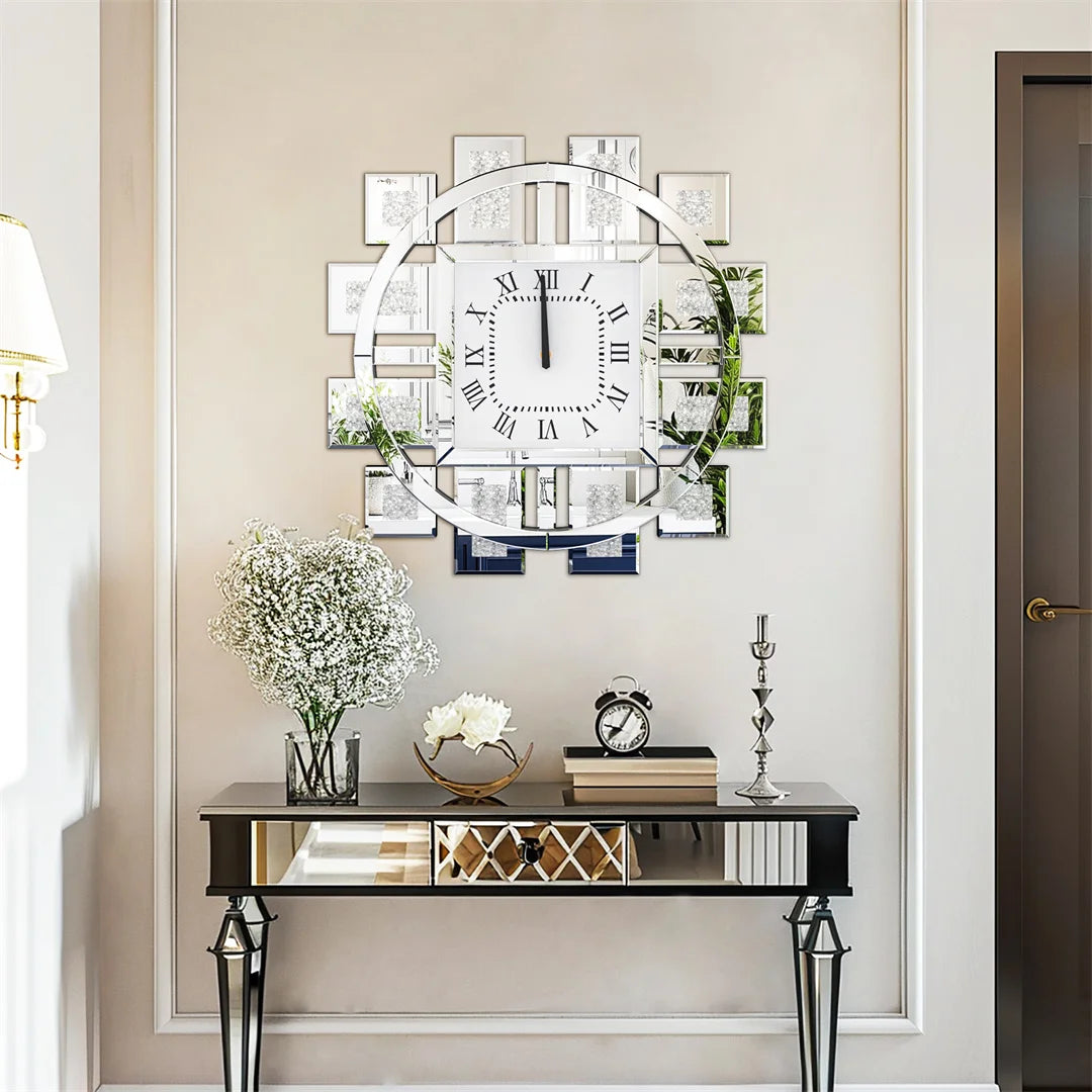 60CM Decorative Wall Clock with Silver/ Golden Crystal Crushed Diamond Inlay Battery Operated