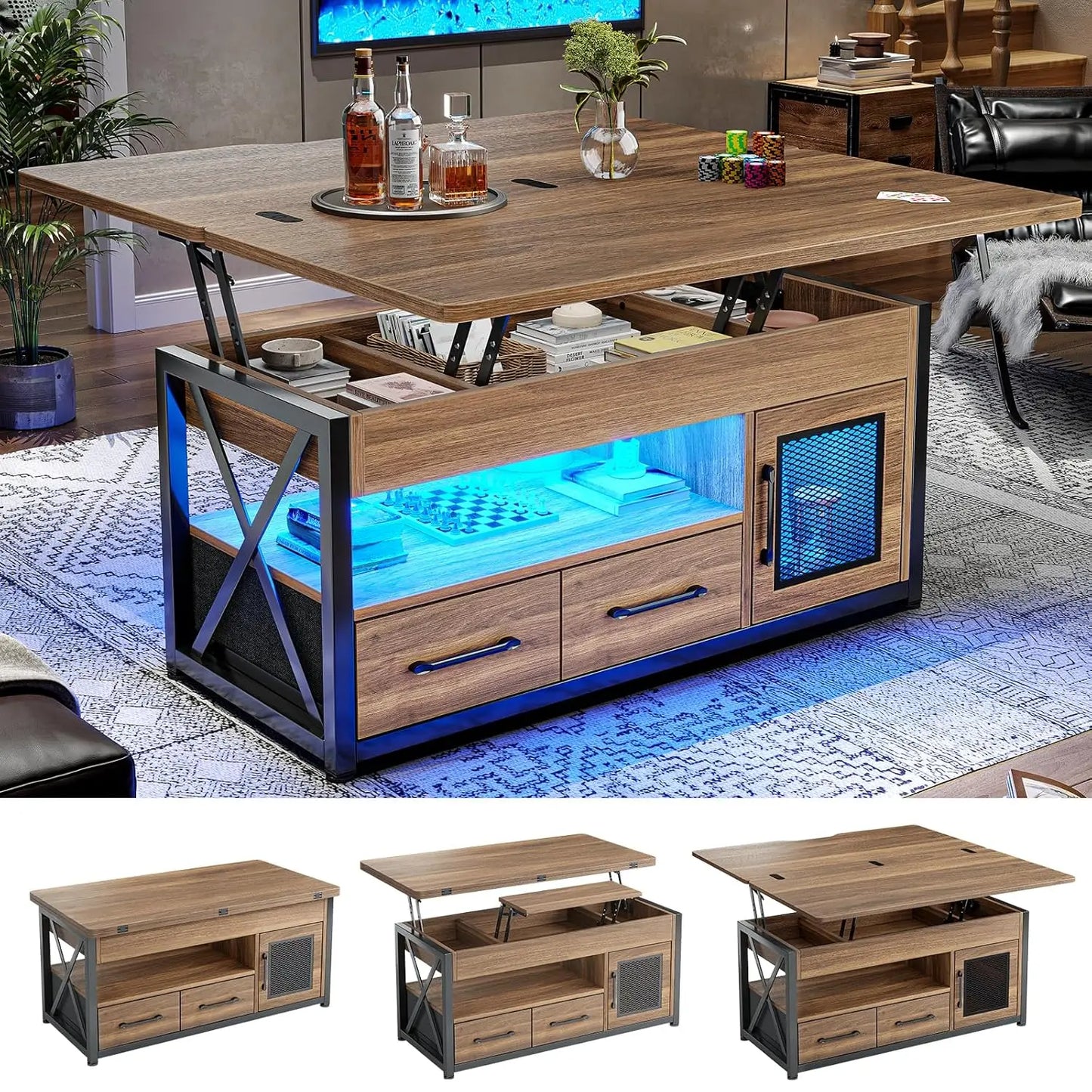 Lift Top Coffee Table Storage Cabinet 4 in 1 with 2 Fabric Drawers LED Light Living Room Dining Room 40Custom