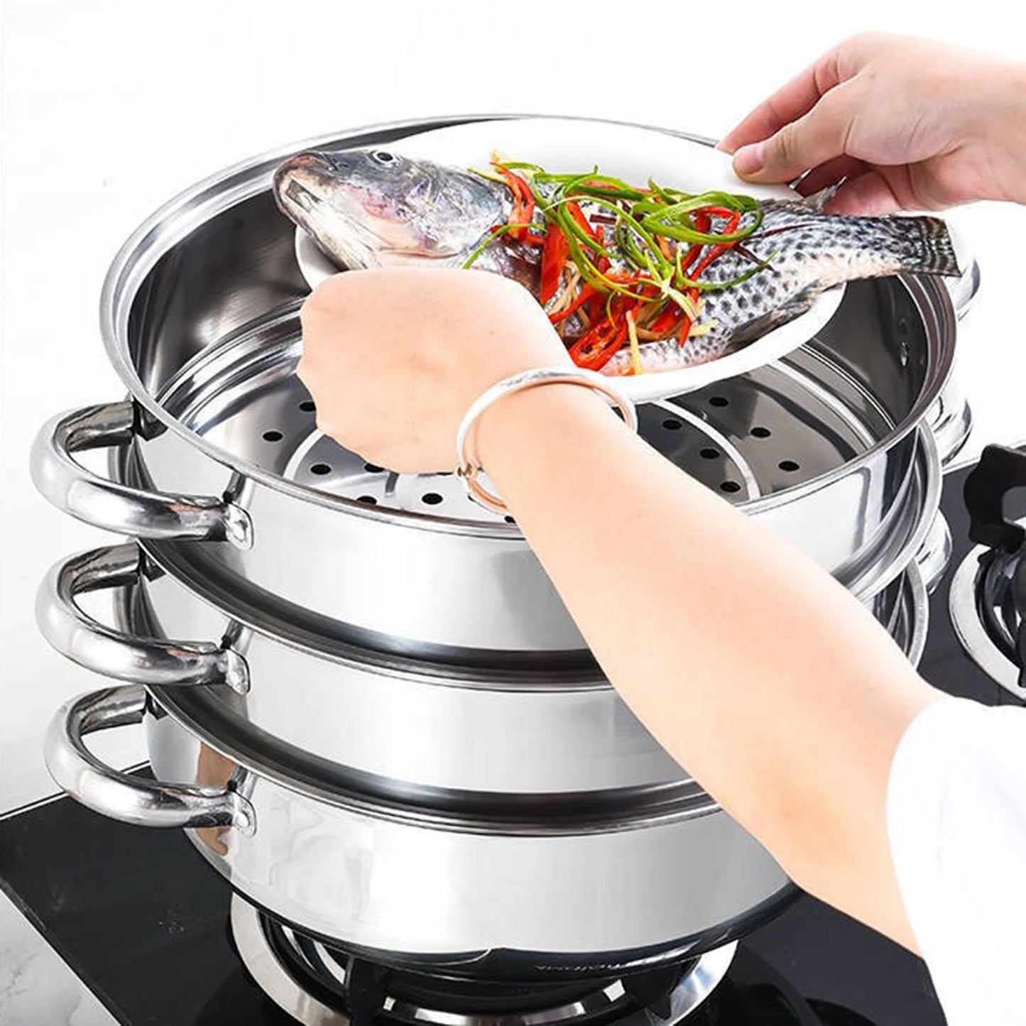 Stainless Steel Three Layer Thick Steamer Pot Soup Steam Pot Universal Cooking Pots for Induction Cooker Gas Stove