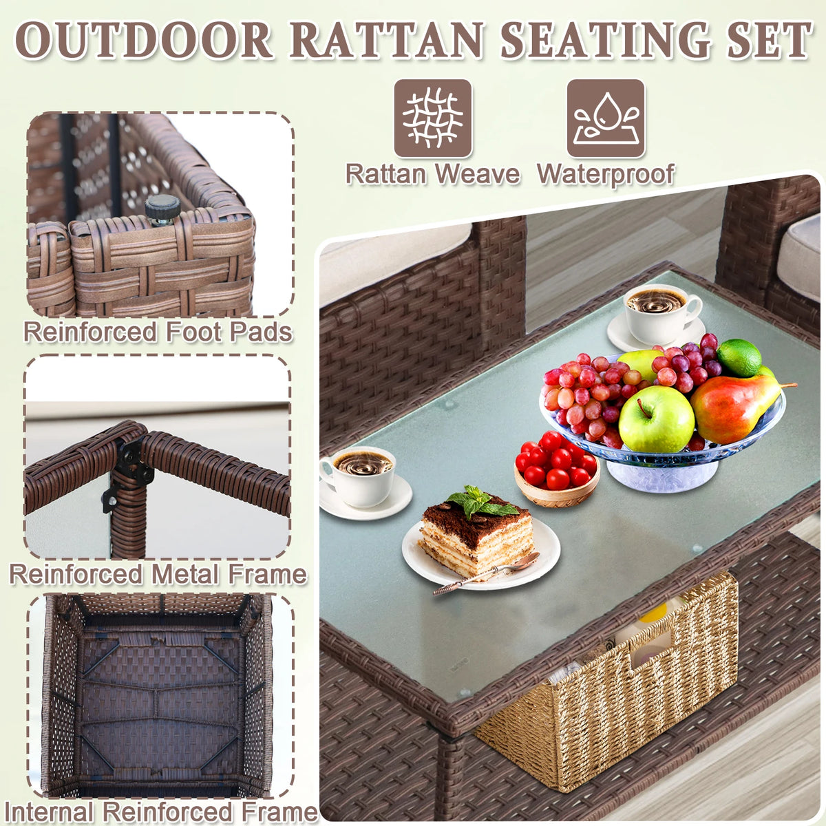 6-Piece Outdoor Patio Furniture Set, Brown PE Rattan Wicker Sectional Conversation Sofa with Cushions & Glass Coffee Table, Weather Resistant Modular Patio Furniture Set for Backyard Porch Garden – Outdoor Furniture, Patio