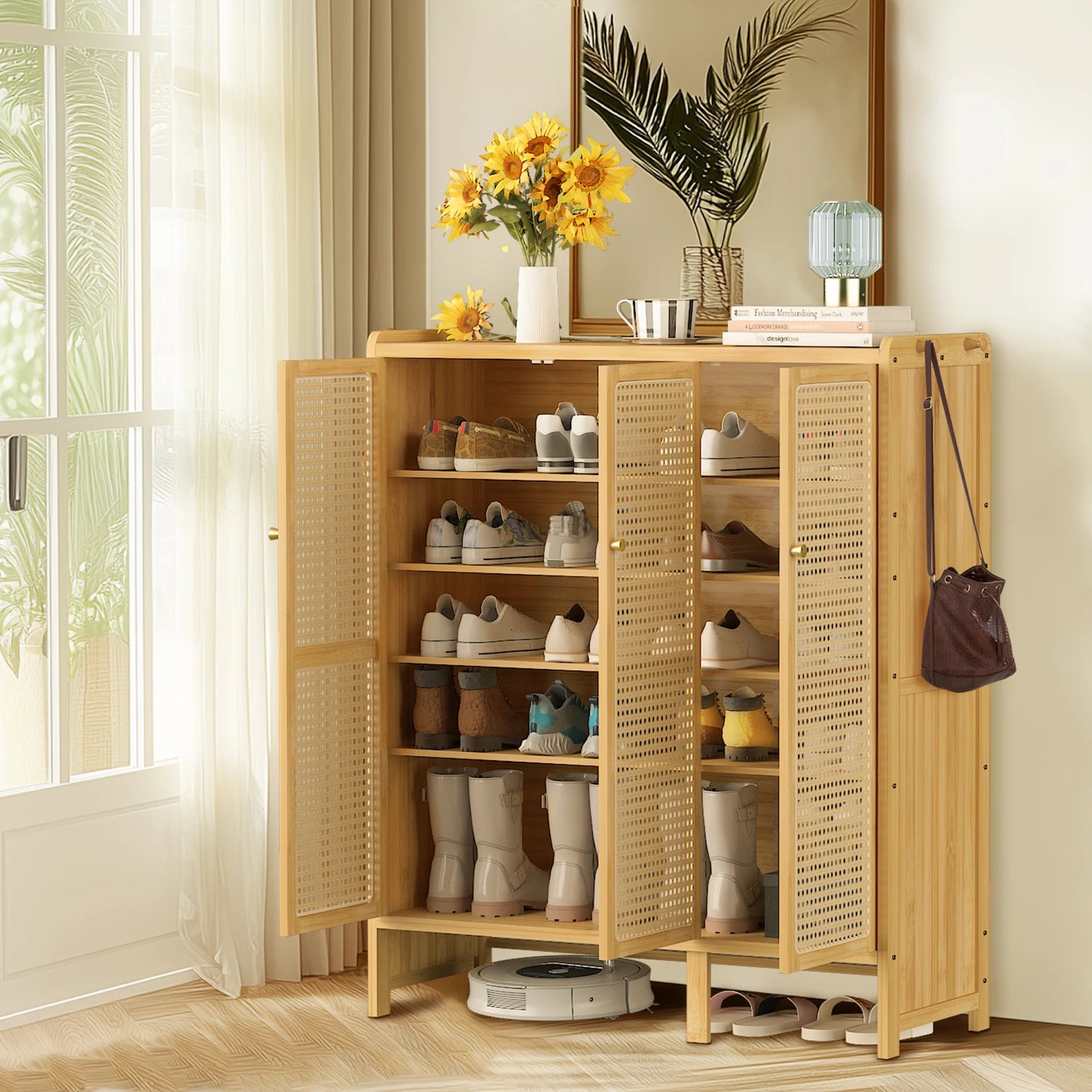 Bamboo Shoe Cabinet Organizer With 3 Doors And 6 Tiers