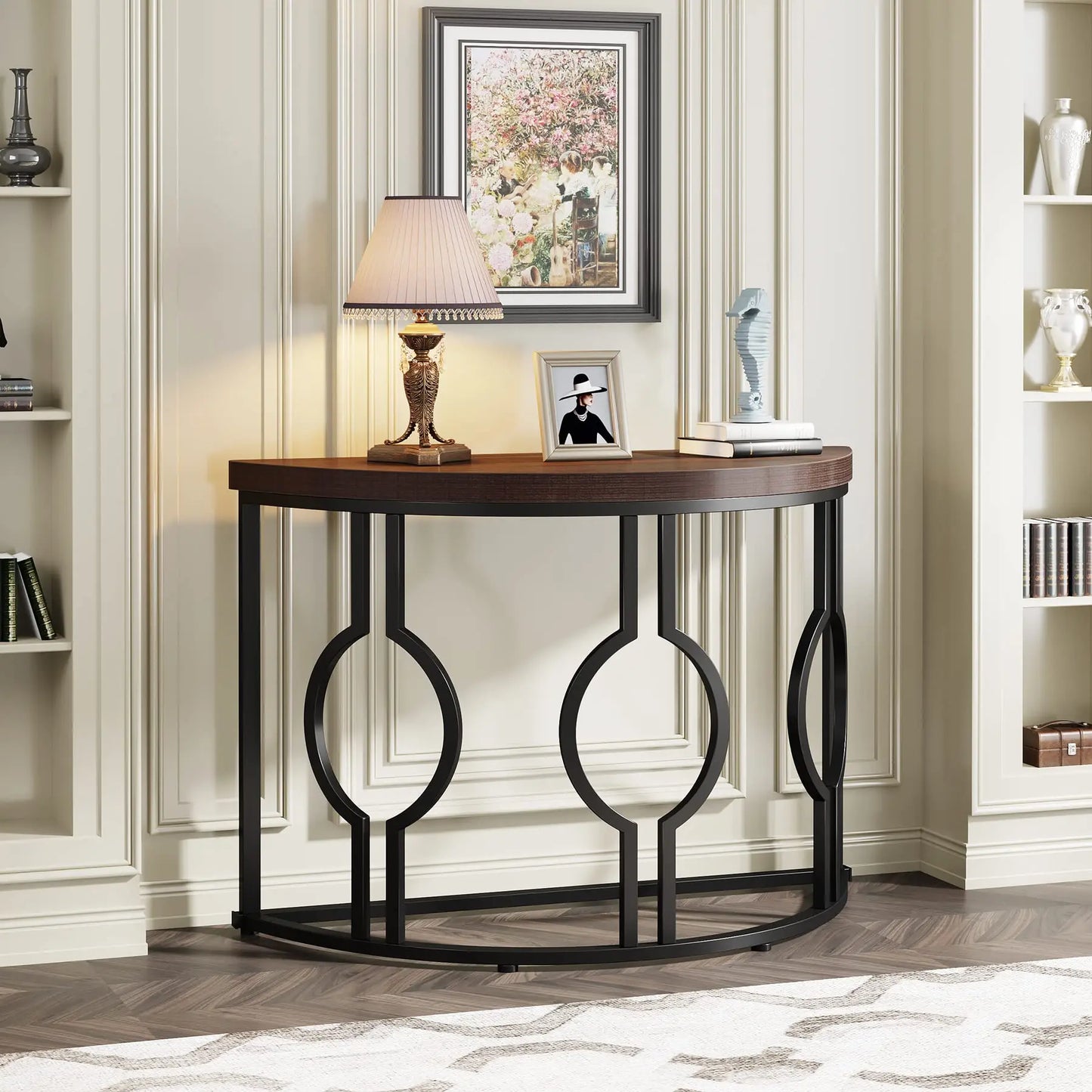 Tribesigns Half Moon Console Table With Geometric Wood Base