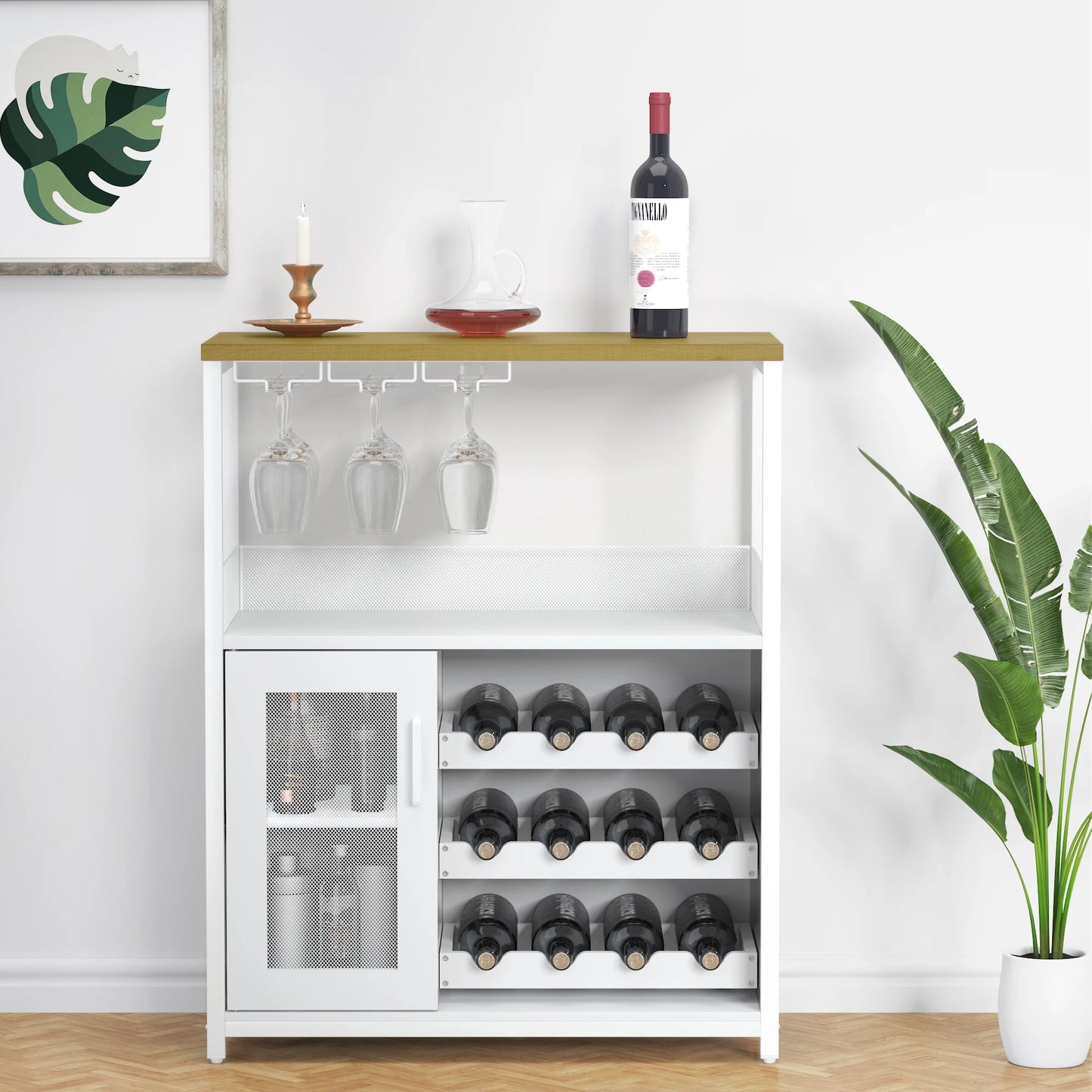 HiMISS Vintage 3 Tier Wine Bar Cabinet With Adjustable Shelves Glass Holders