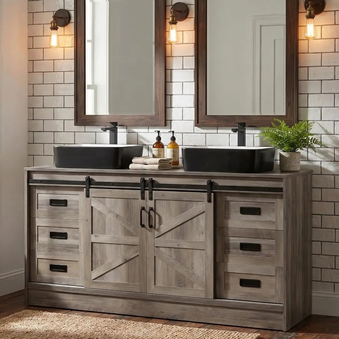 60" Barn Door Bathroom Vanity with 6 Drawers and Two Doors, Farmhouse Style Standing Pedestal Cabinet with Two Blue, Custom