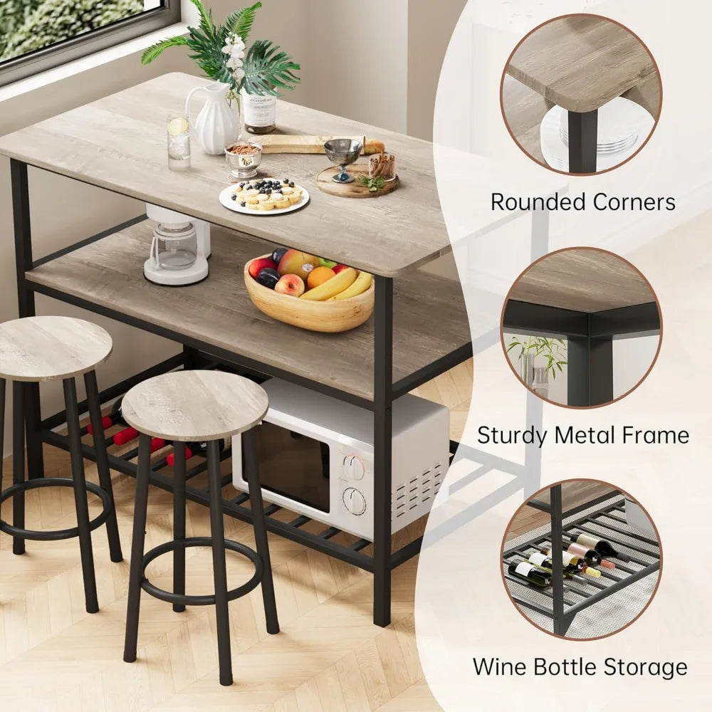 Island Table with Seating and Storage, Stationary Kitchen Storage Islands with 3 Shelves, Wooden Counter Height Table Top w