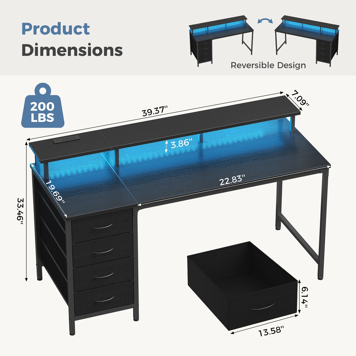JHK Gaming Desk with Drawers, Power Outlets and LED Lighting