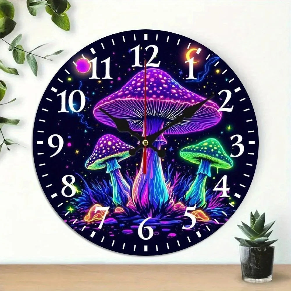 2D Flat Glowing Mushroom Themed Wall Clock Features a Silent Quartz Movement.It Is an Choice Wall Decoration, an Excellent Birth
