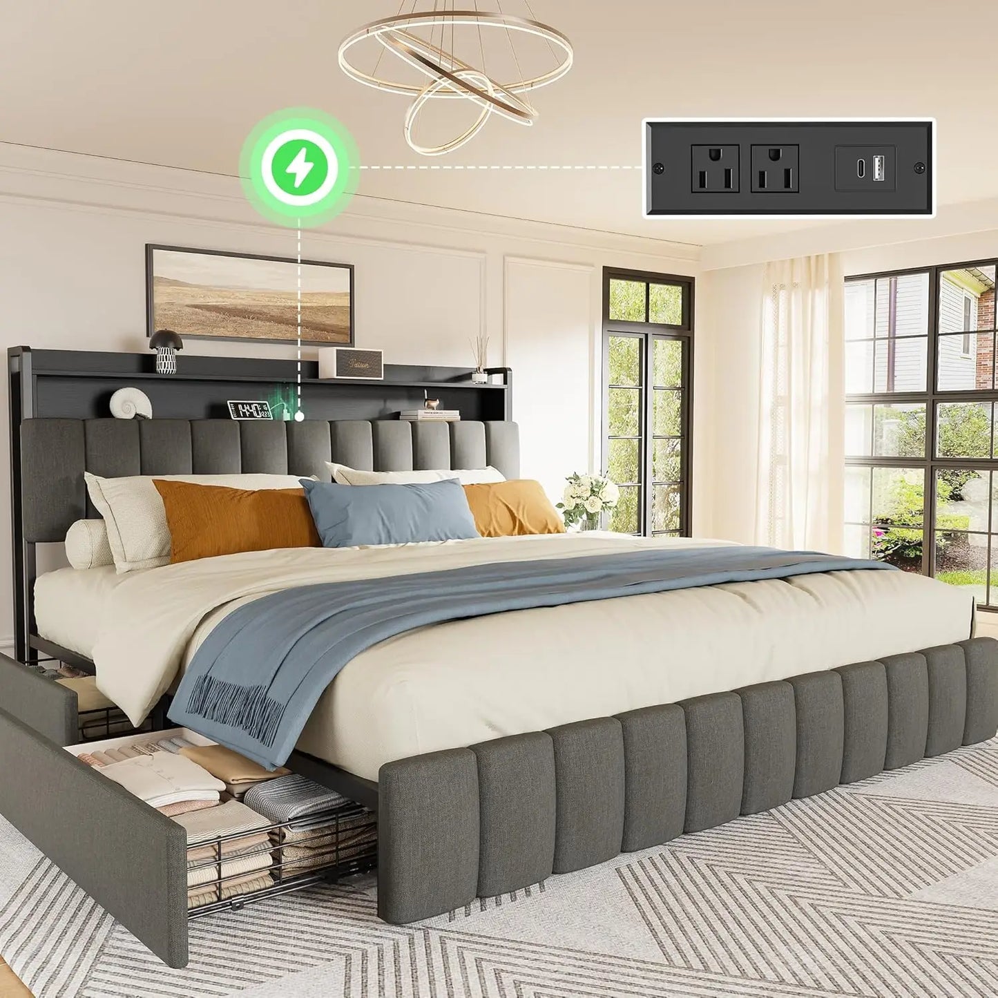 Bed Frame King Size with Upholstered Headboard & Charging Station, King Bed Frame with 4 Storage Drawers, 2-Tier Open Shelves, N