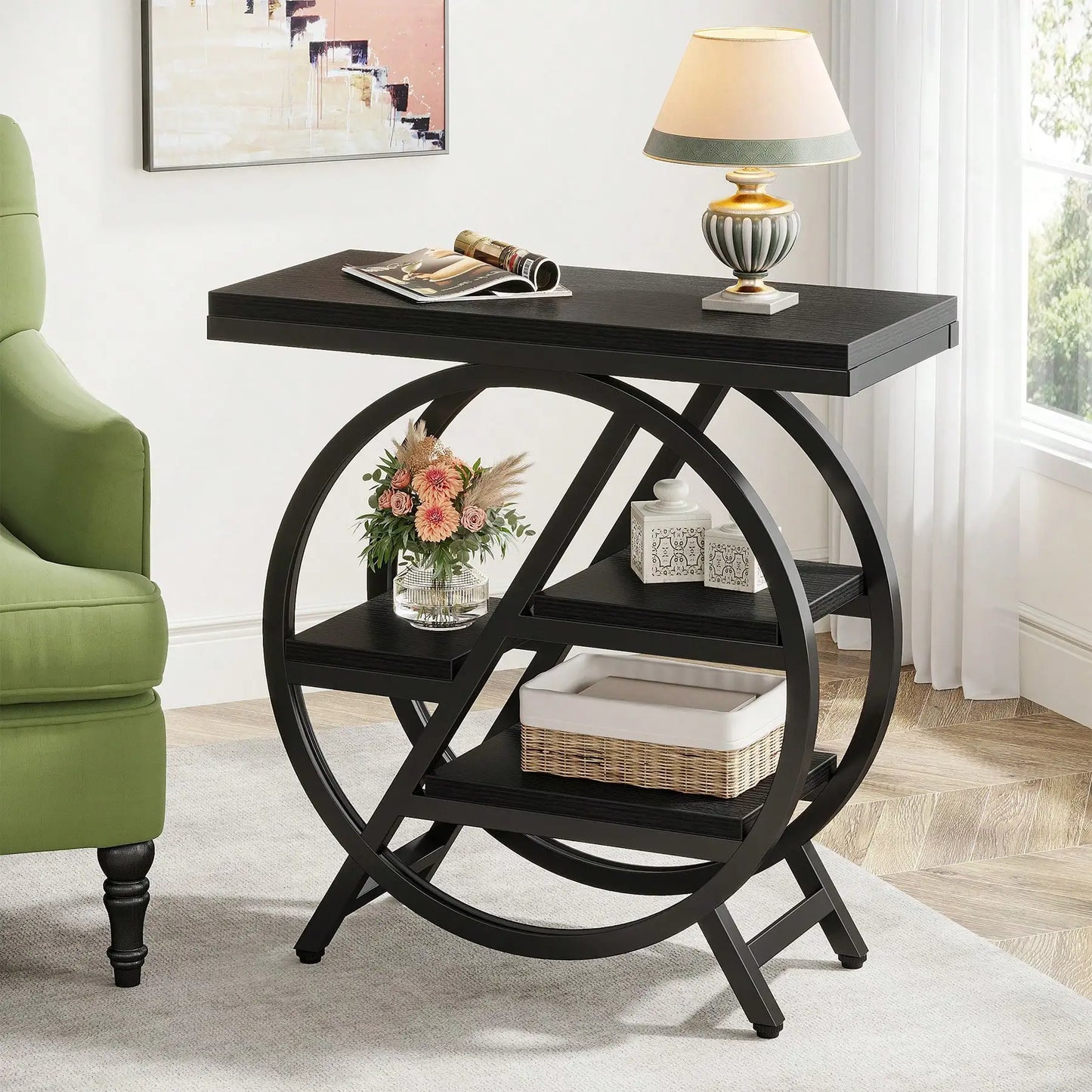 4-Tier End Table For Living Room, Narrow Side Table With Storage, Wood Sofa Side With Metal Frame, Industrial