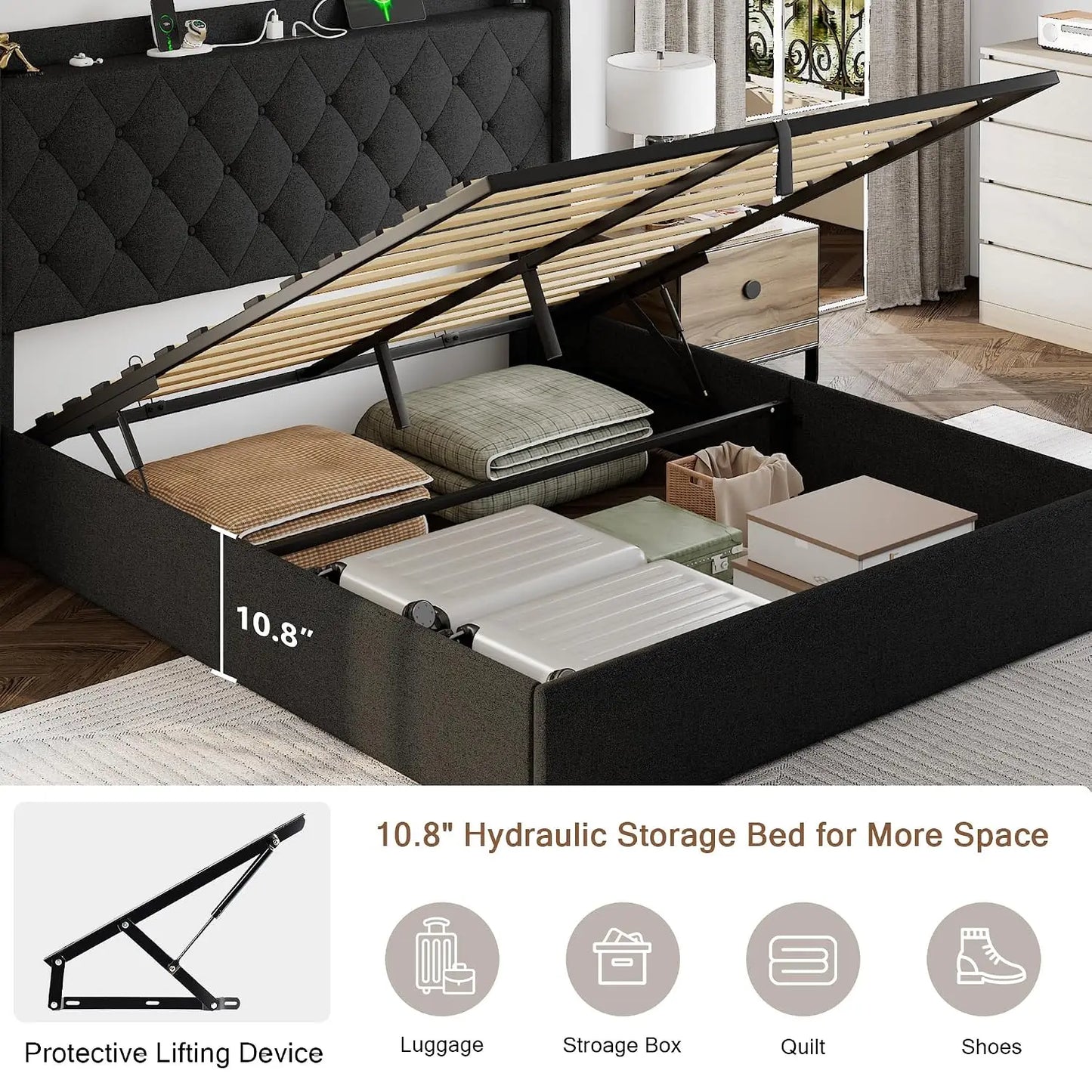 Queen Lift Up Storage Bed Frame with Headboard, Upholstered Bed Frame with Charging Station, No Box Spring Needed,, Custom