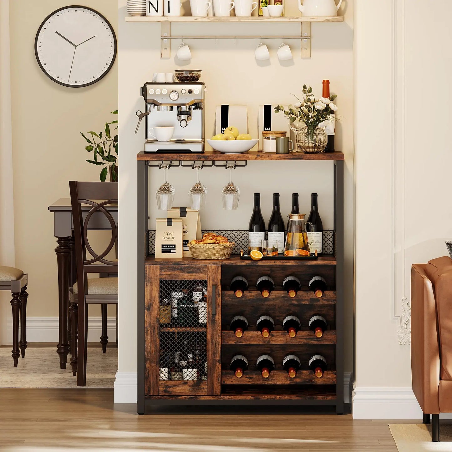 HiMISS Vintage 3 Tier Wine Bar Cabinet With Adjustable Shelves Glass Holders