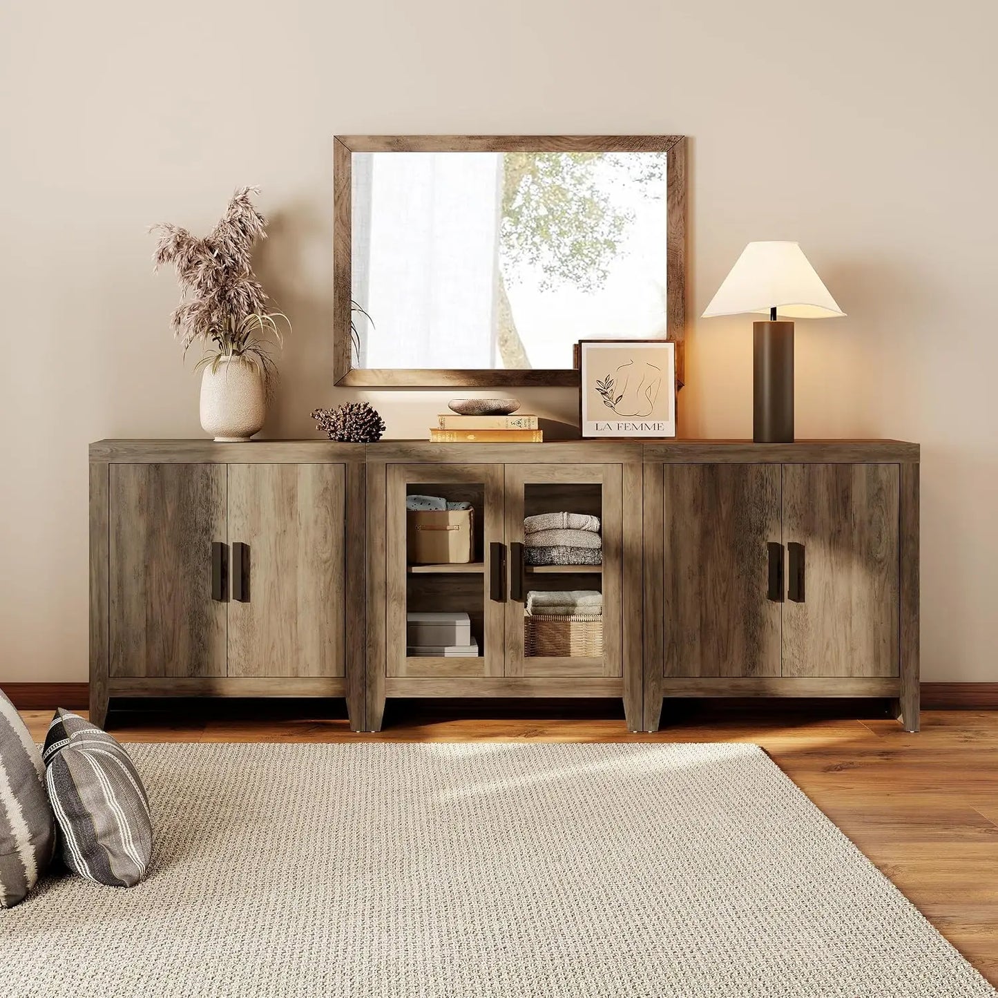 Farmhouse TV Stand for TVs up to 85 Inch, 3-Piece Modular Entertainment Center with Glass and Wood Doors, Media, Customized