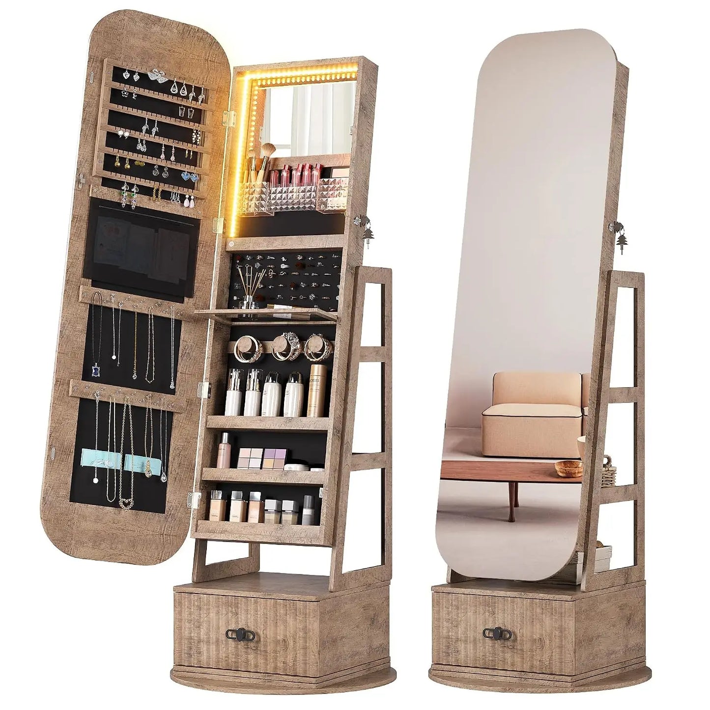 360°Swivel jewelry organizer with Full Length Mirror with Lights,Jewelry Armoires Cabinet Standing with Drawer,Large, Custom