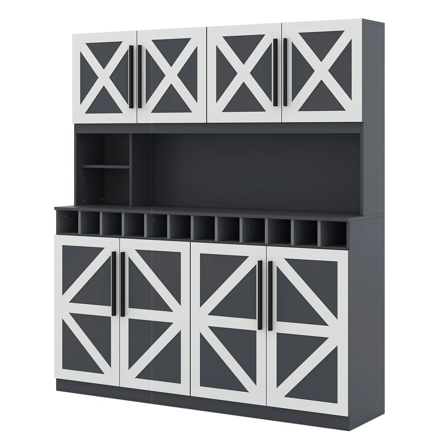 63” Wide Kitchen Buffet Hutch w/ 4 Cabinets, 2 Open Shelves & 12-Bottle Wine Rack