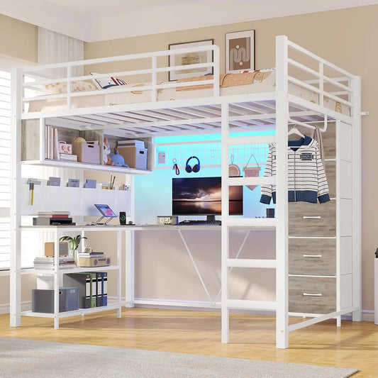 Loft Bed With L-Shaped Desk Storage Drawers And LED Lights
