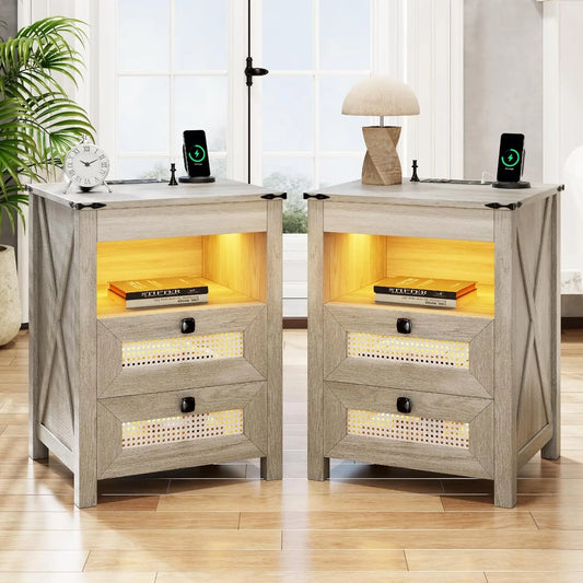 Bedside Table Set 2 With Charging Station Nightstand