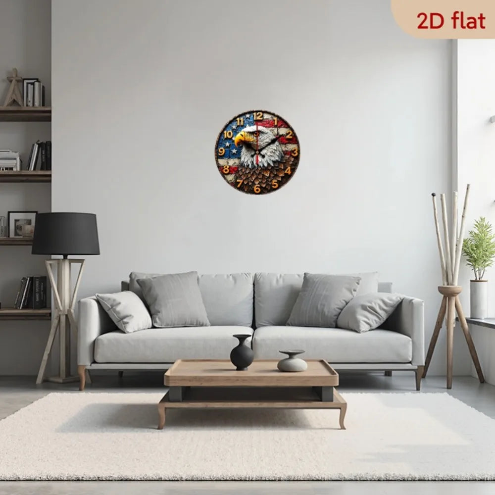 1pc Eagle Silent Round Wall Clock with Flag & Eagle Design - Large Hands, Face & Red/ Star-Spangled Background - Wooden Frame Qu