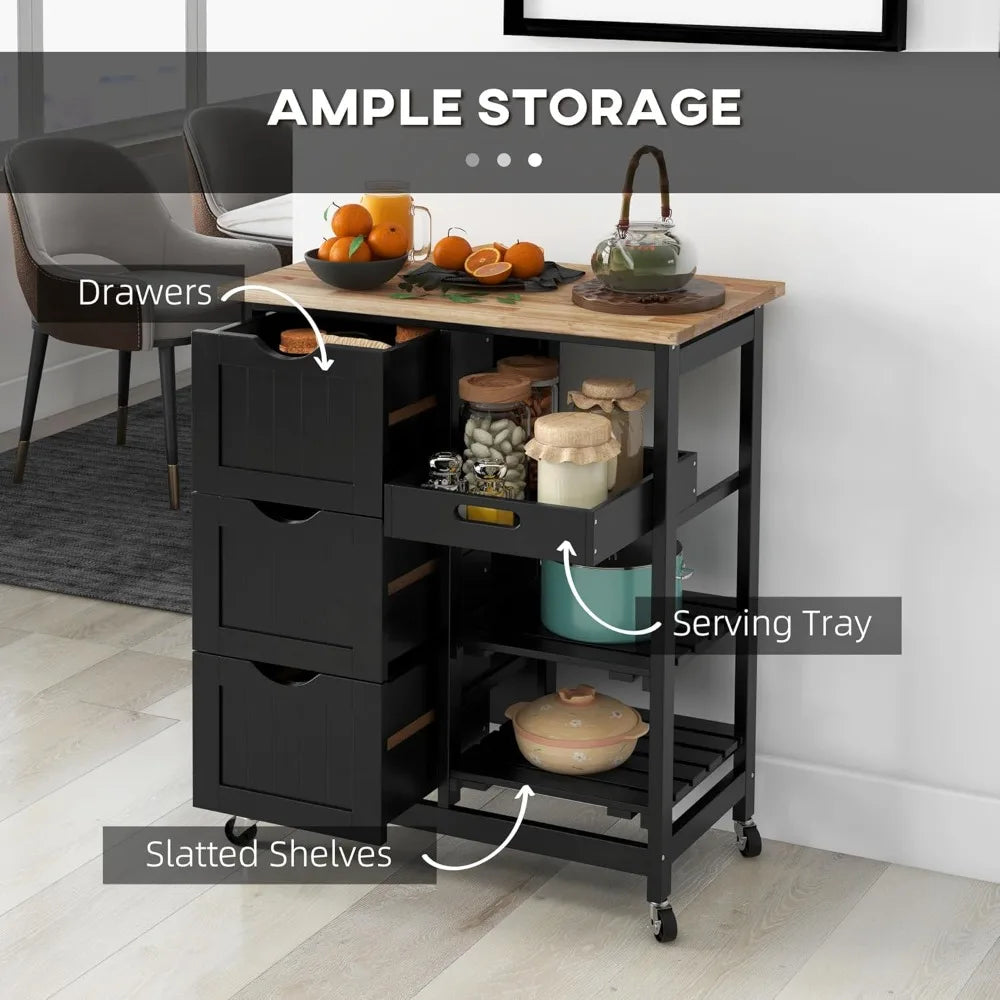 Rolling Kitchen Island Cart With Wood Top And Shelves