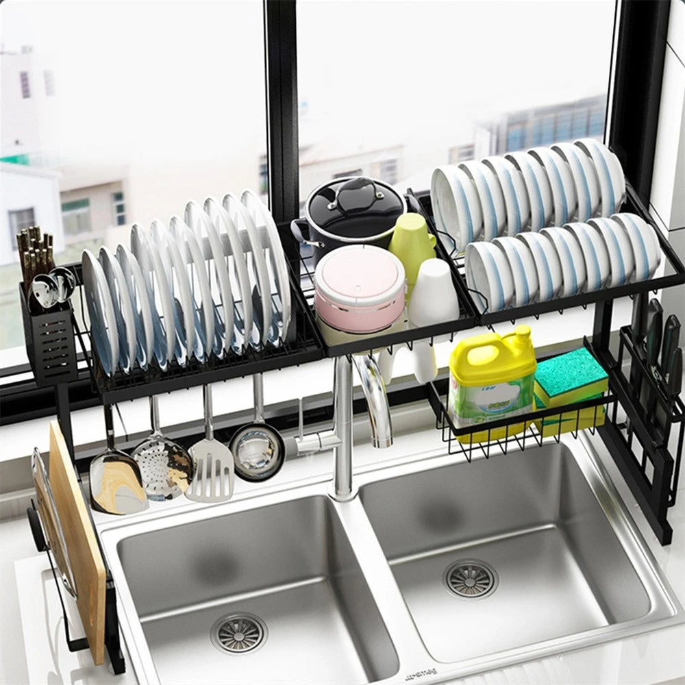 Dish Drying Rack - Over The Sink Dish Drainer Drying Rack with Utensil & Knife Holder, Hooks, Stainless Steel Kitchen Organizers
