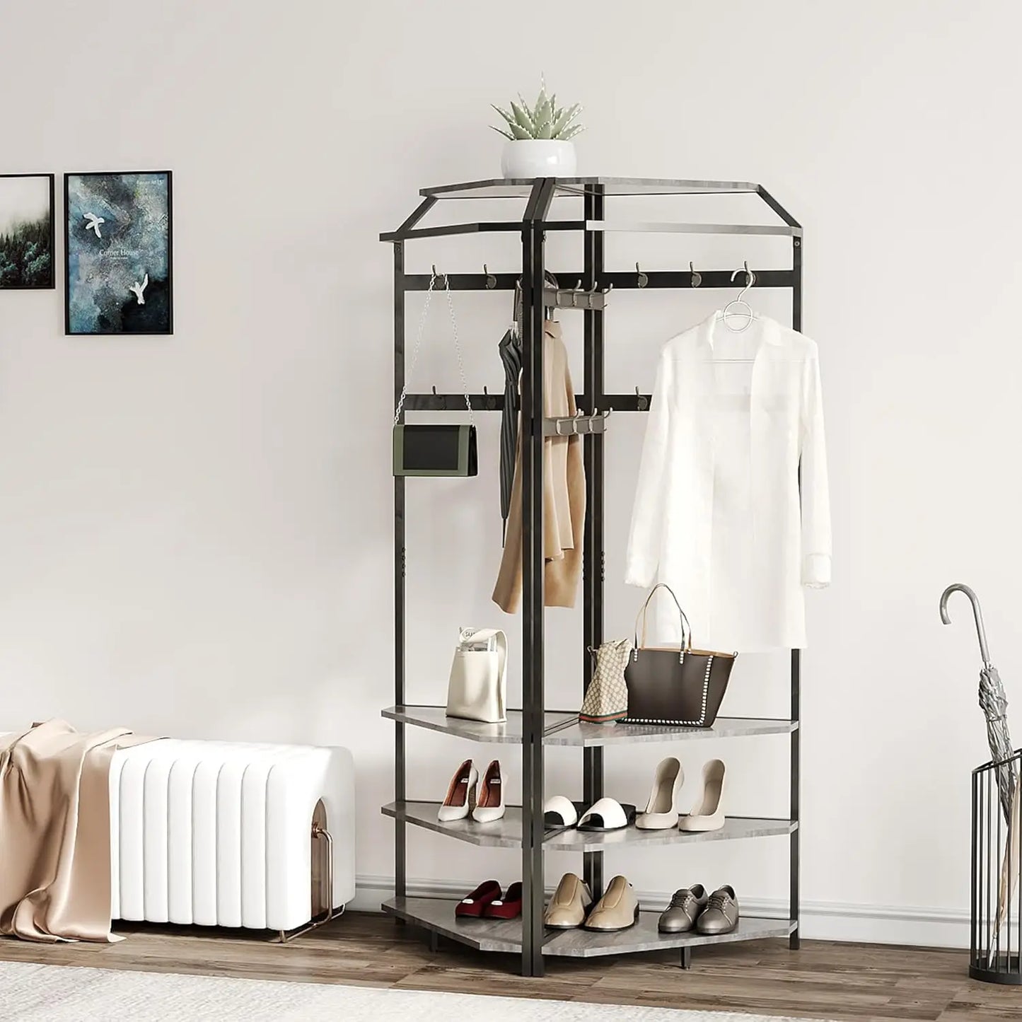 Corner Hall Tree With Shoe Bench Entryway Corner Coat Rack With 12 Double Hooks Clothes Rack With Corner Tree for Hallway