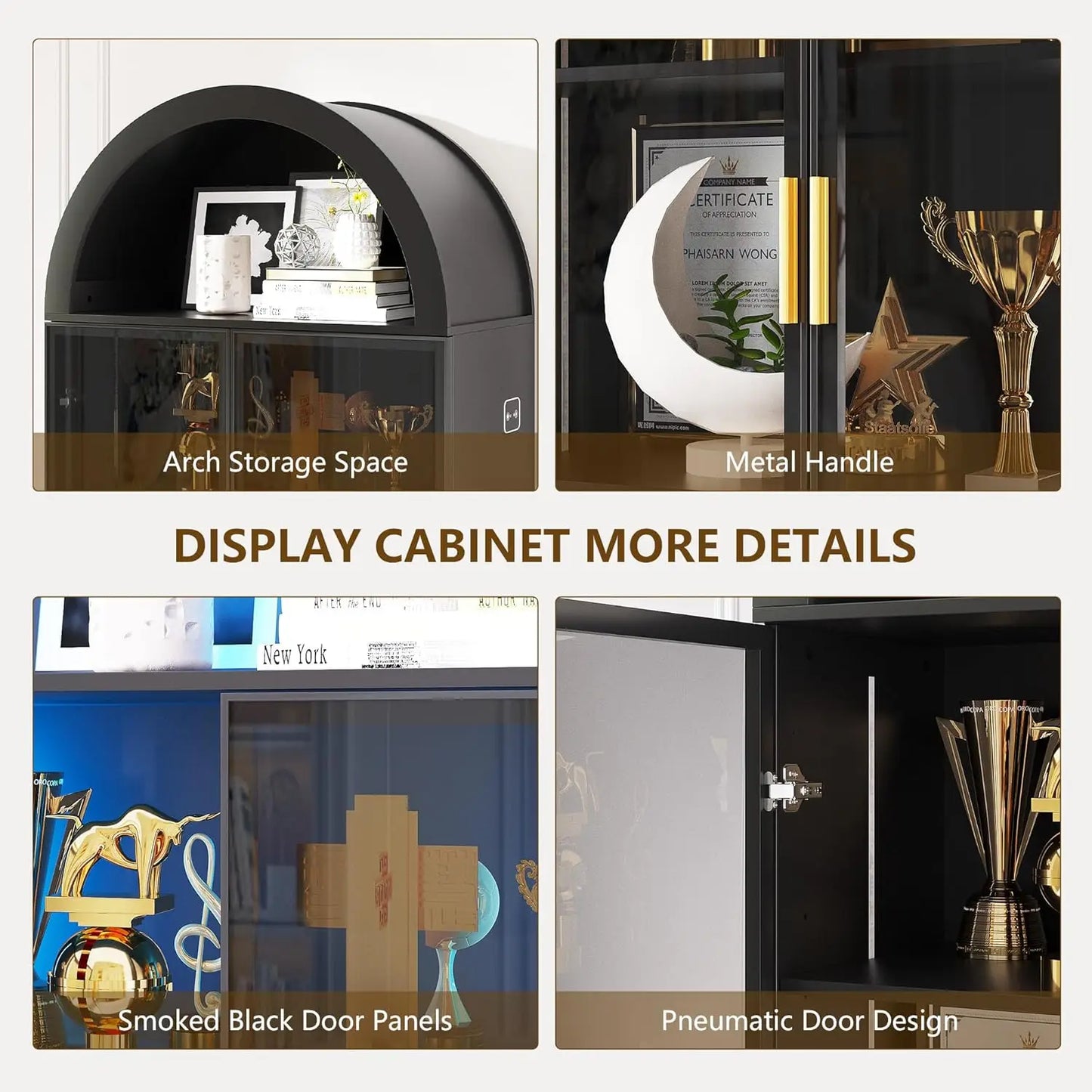 ZHILU Arch Display Cabinet With Doors And Adjustable Shelves LED
