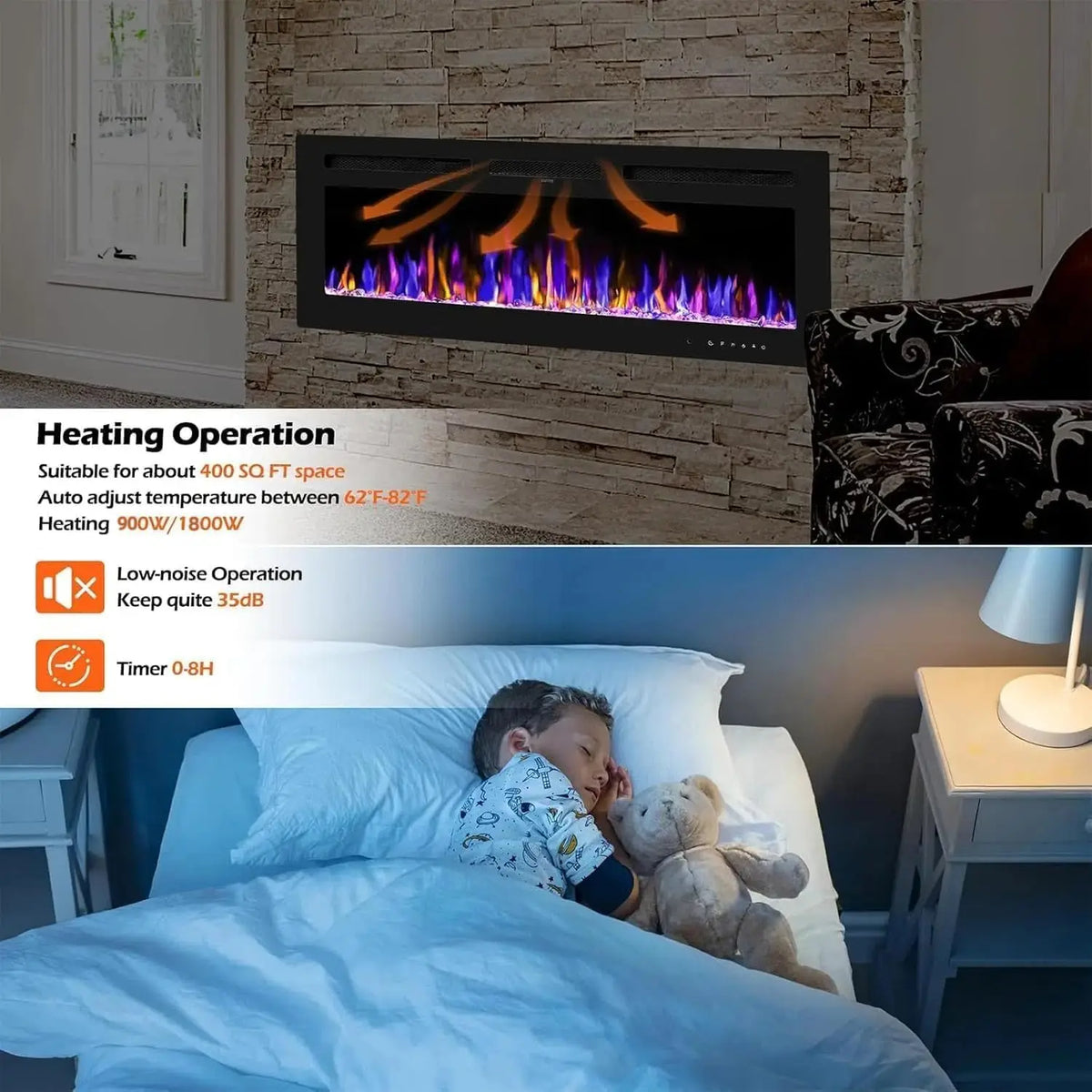 4/50/60inch Electric Fireplace 120V/1500W Heating 12 Flame Effect Remote Control Touch Screen Fireplace, 3D Wall Mount