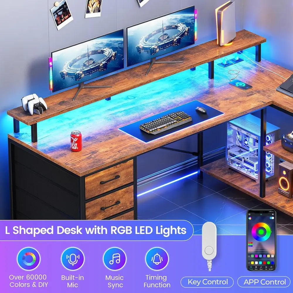 L Shaped Desk with Drawers, Shelves, LED Lights and Outlets