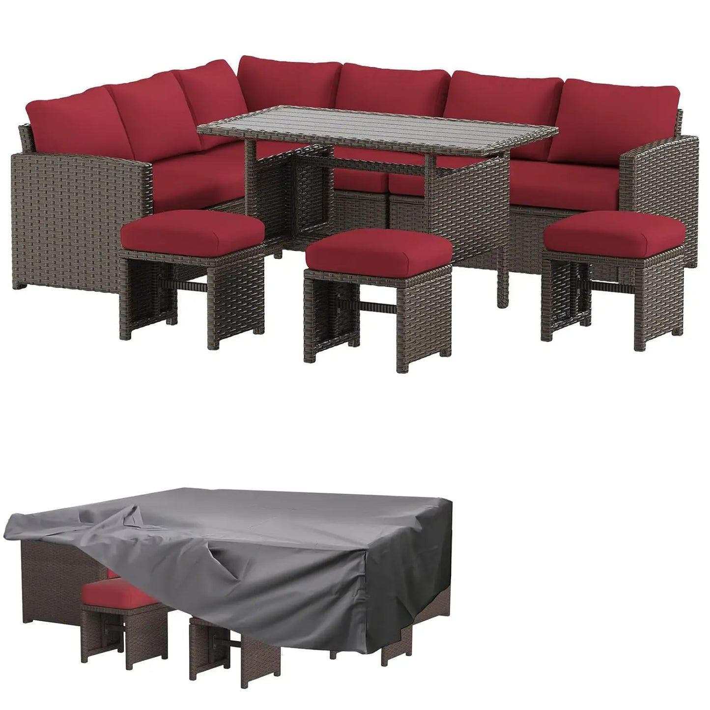 Outdoor Patio Furniture Set with Waterproof Cover, 7 Pieces Clearance Sectional Rattan Dining Table&Chairs, All Weather, Custom