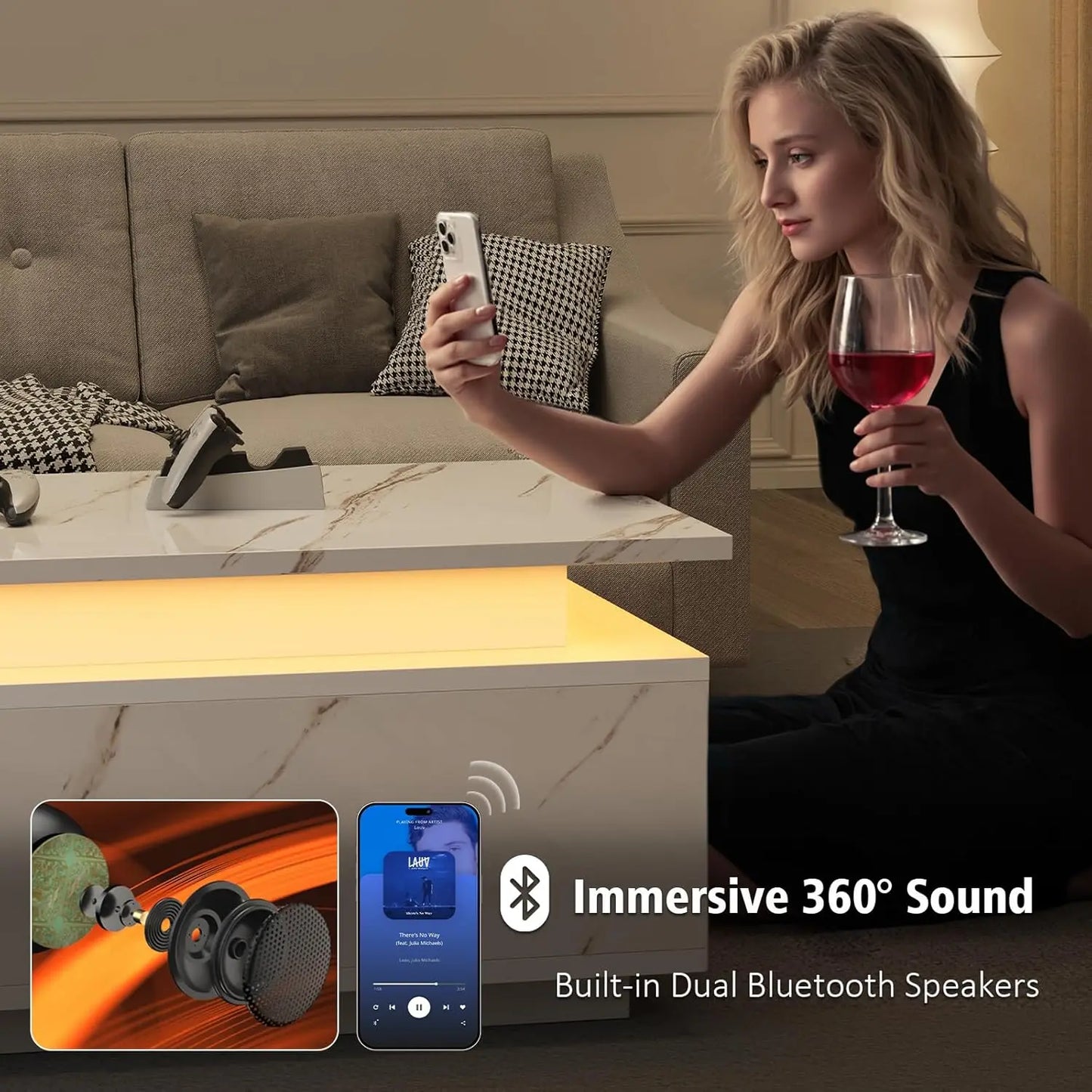 LED Coffee Table With Wireless Charging And Bluetooth Speaker Storage