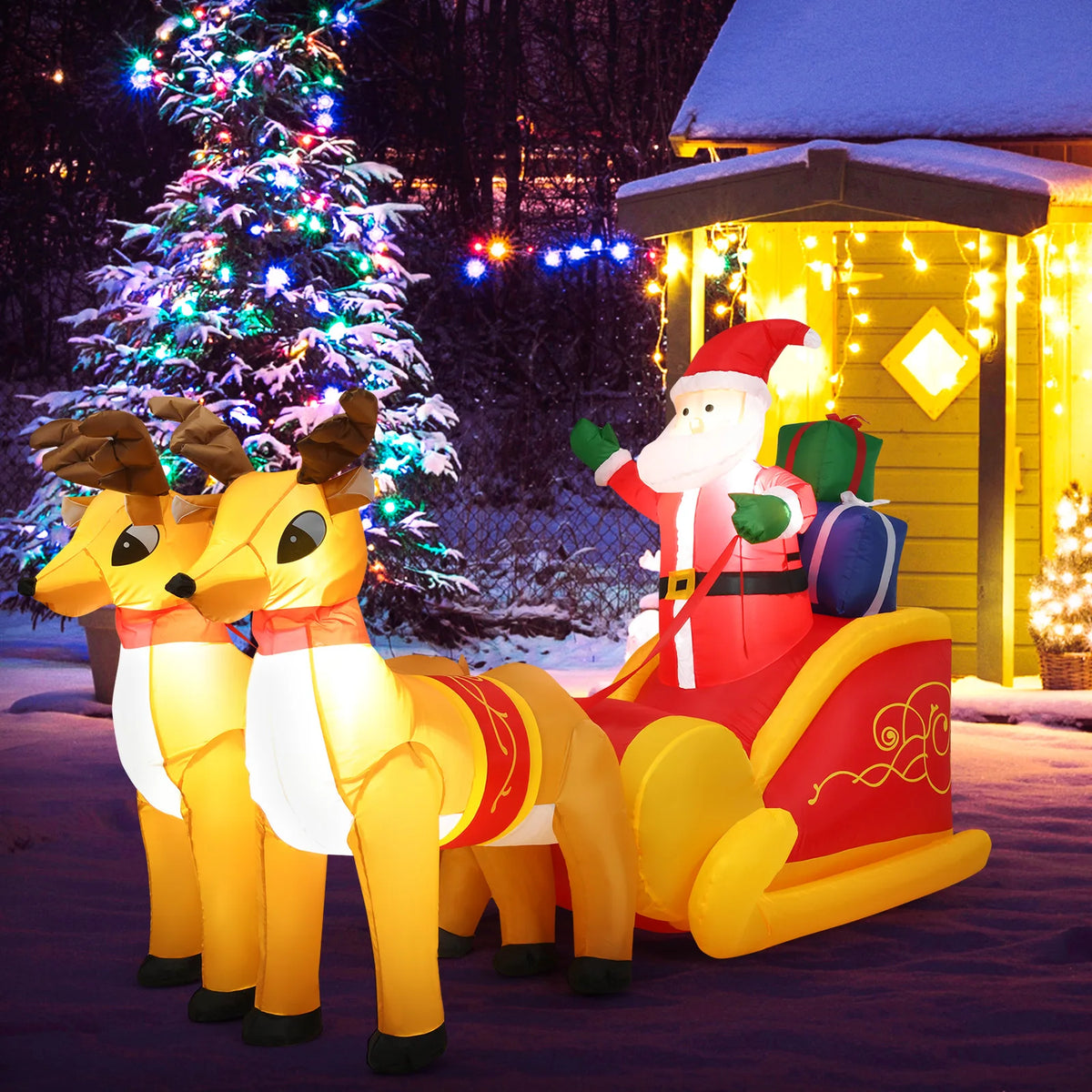 LIFEZEAL Inflatable Christmas Santa Sleigh With Reindeer Outdoor Decoration