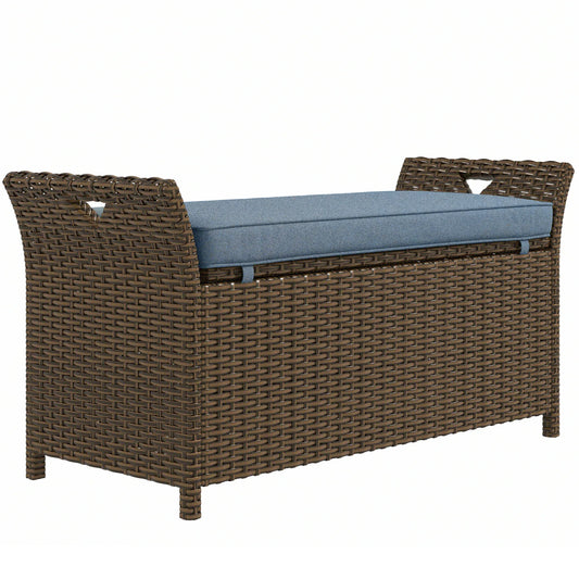 27 Gallon Pe Rattan Wicker Storage Bench, Large Outdoor Patio Box, Dark Blue