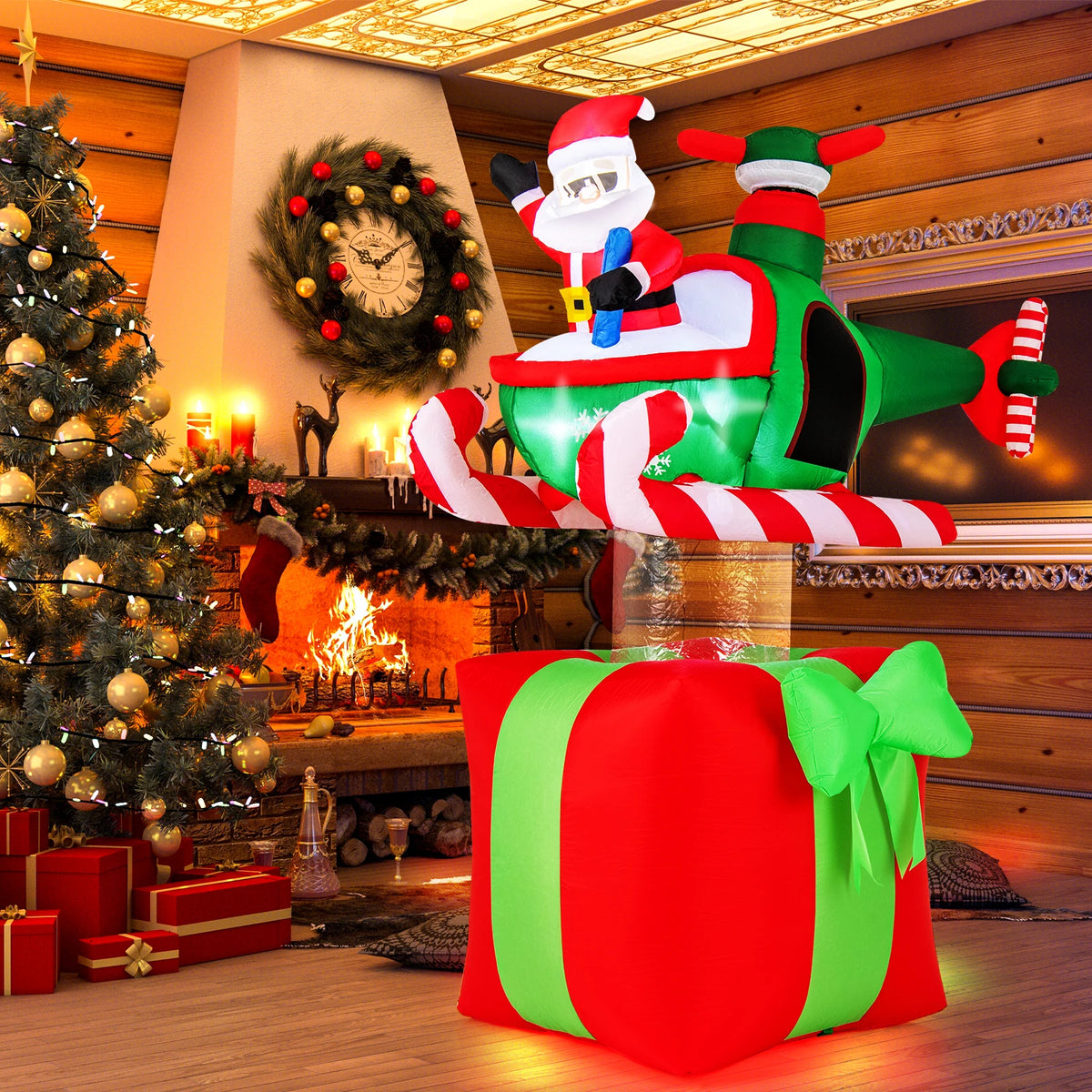 LIFEZEAL Christmas Santa Claus Helicopter Inflatable With LED Lights