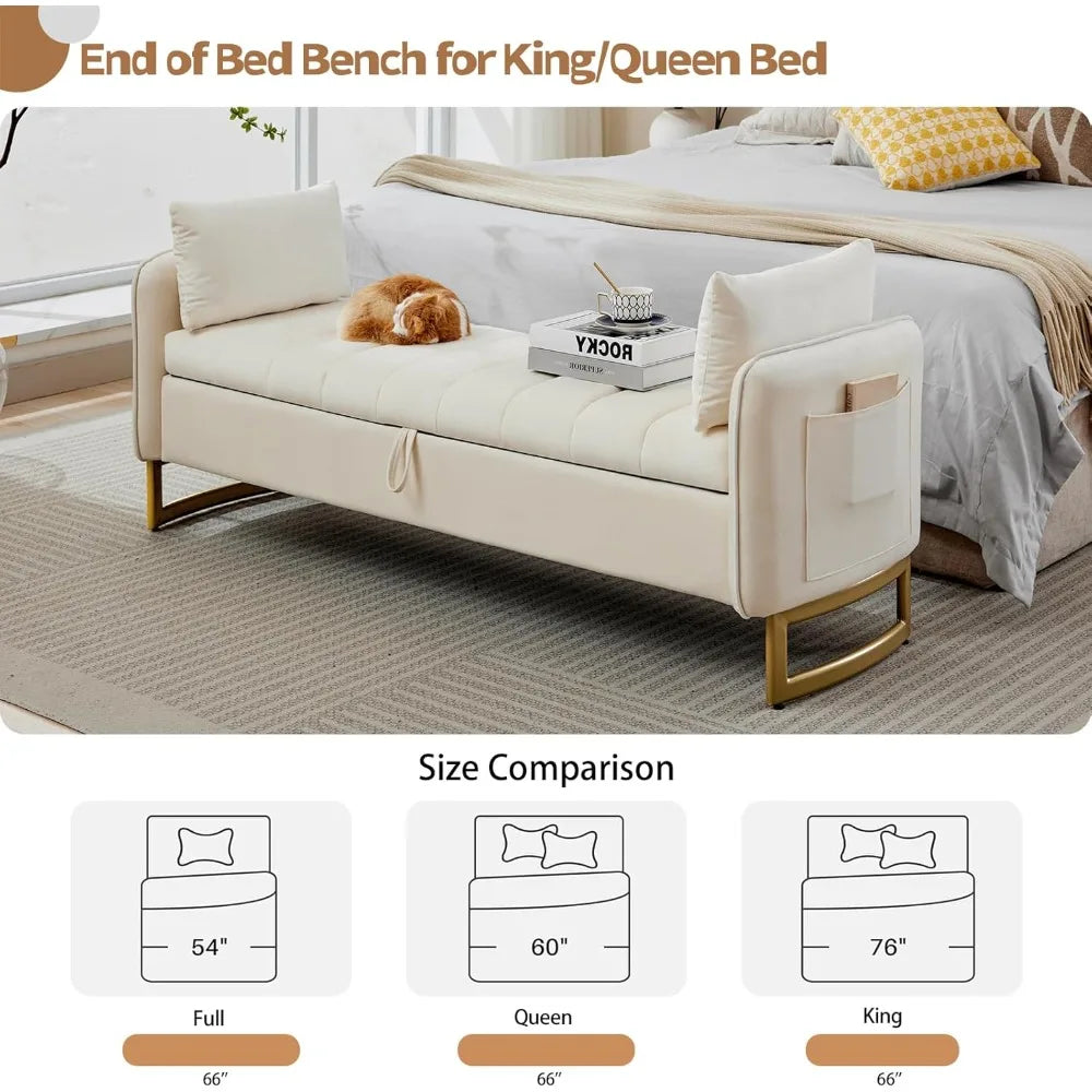 Velvet Storage Bench With Armrests And Gold Legs Pockets