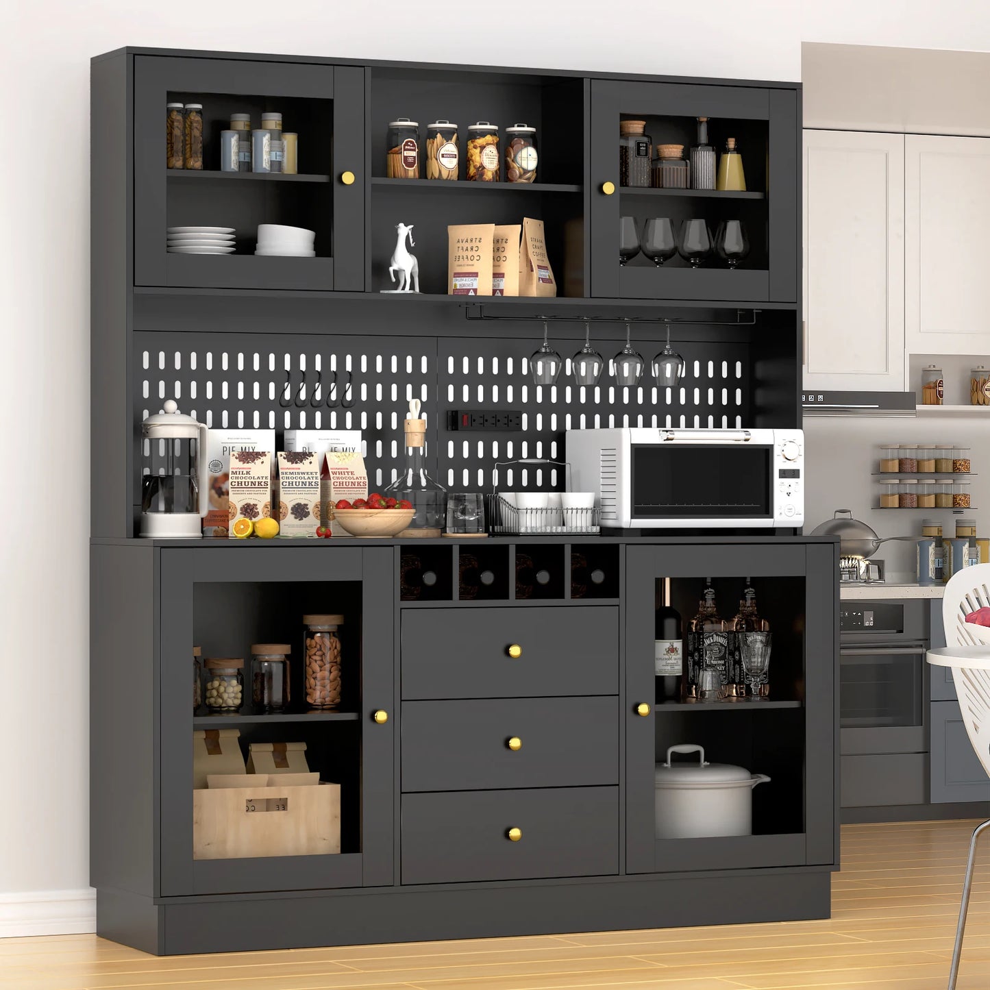 VOWNER Pantry Cabinet Freestanding Kitchen Storage Buffet Hutch With Pegboard