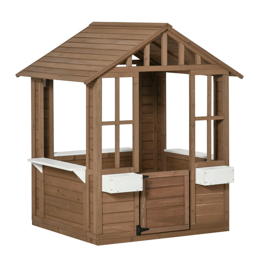 Outsunny Kids Wooden Playhouse, Outdoor Garden Games Cottage, with Working Door, Windows, Flowers Pot Holder, 47" X 38" X 54"