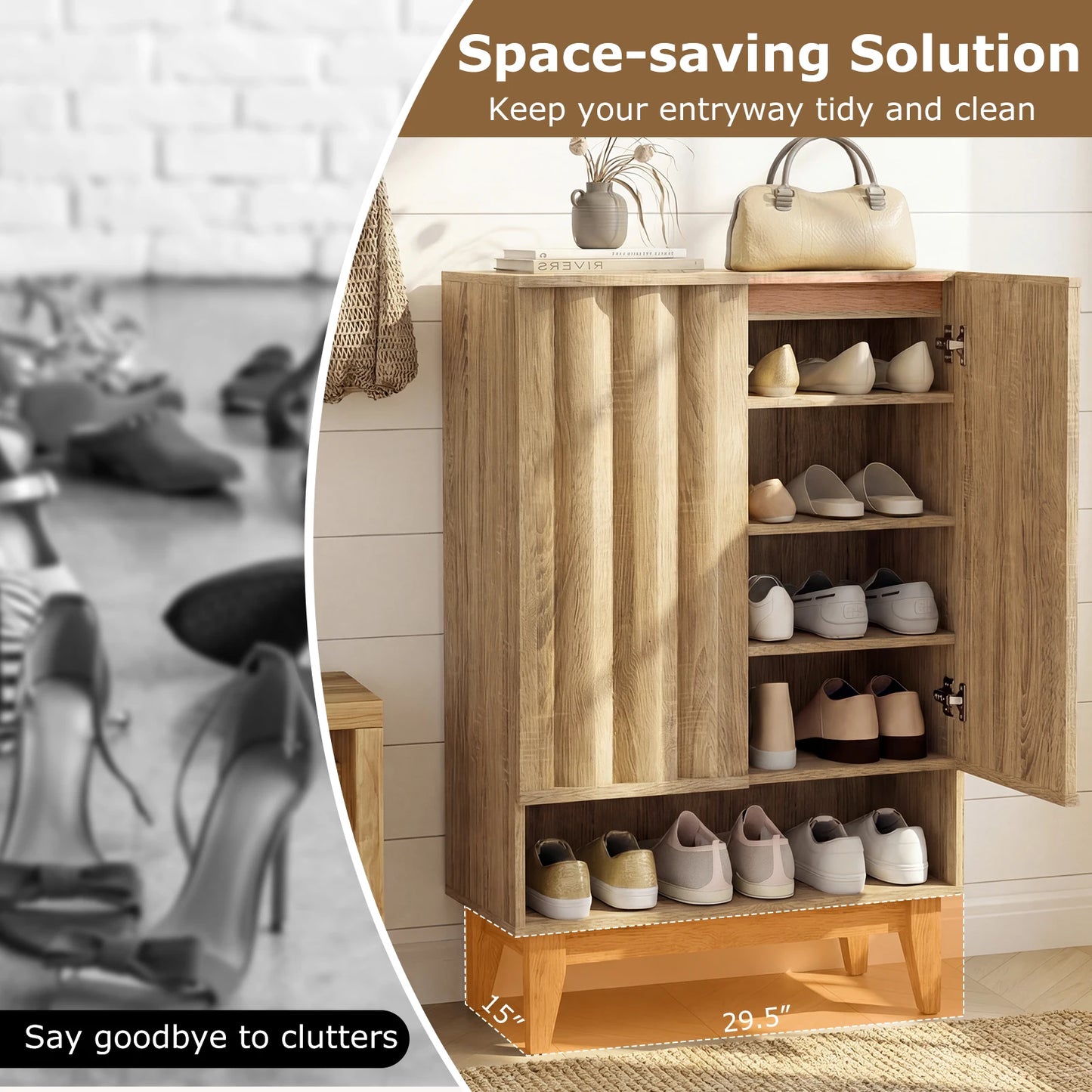 Shoe Cabinet, 6-Tier Shoe Storage Organizer w/ 2 Fluted Doors 3 Removable Shelves