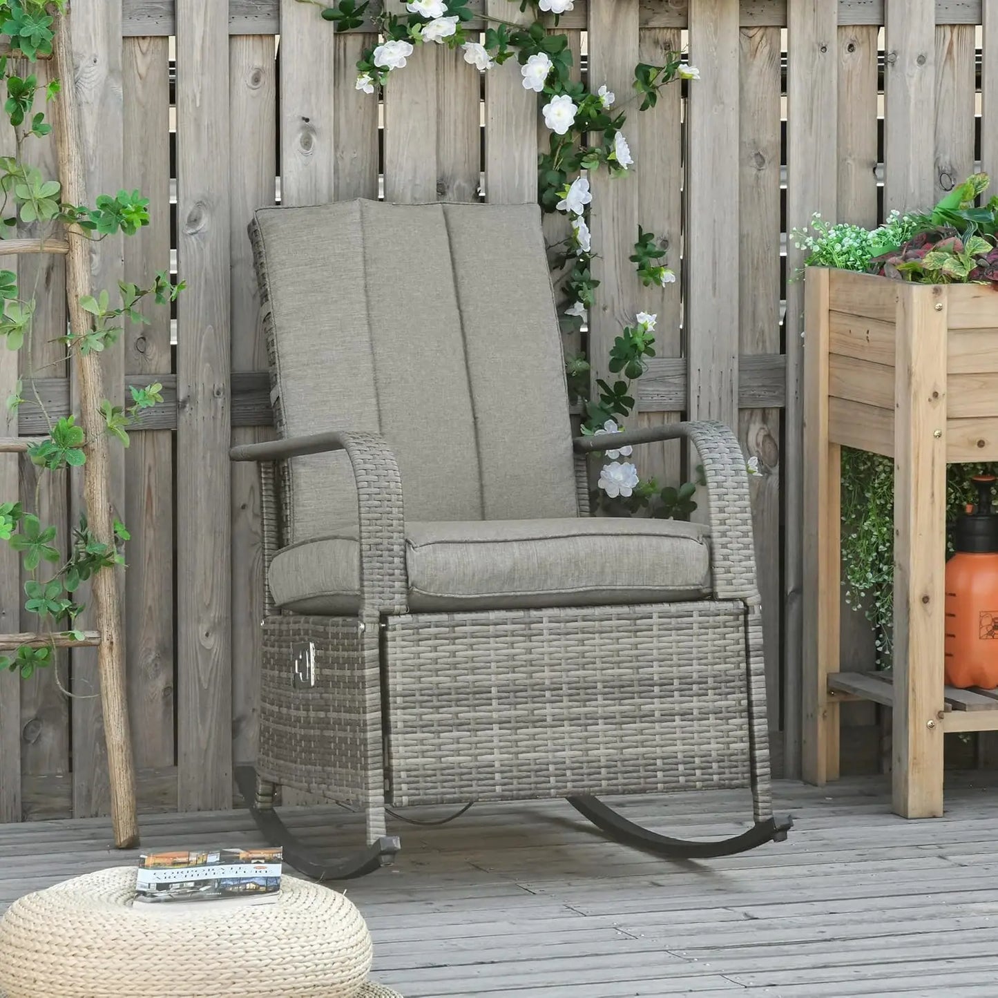 Wicker Outdoor Rocking Chair, Patio Recliner with Adjustment Backrest, PE Rattan Lounge Chair with Adjustable Footrest, Custom
