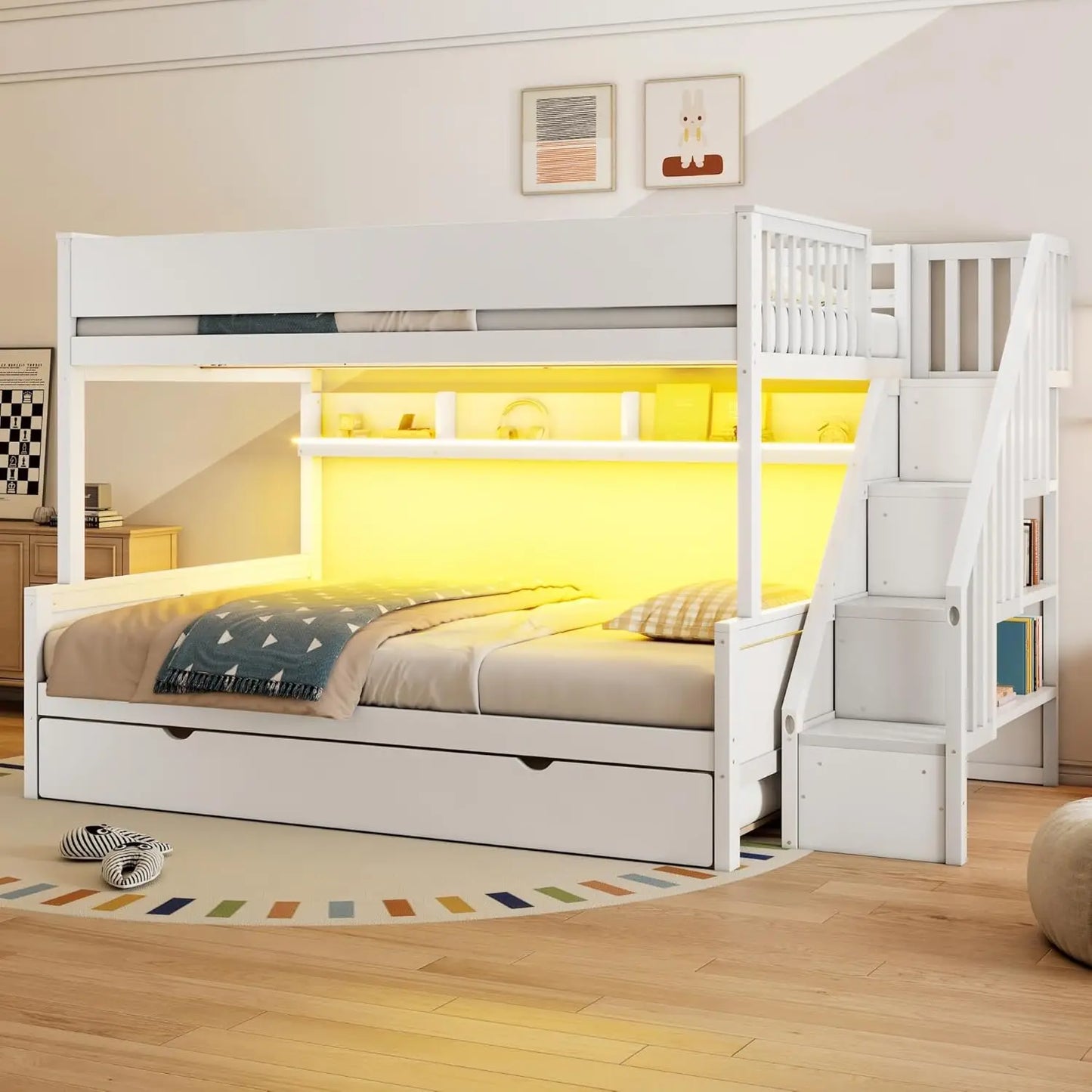 Full Over Full Multifunctional Bunk Bed with Desk and Bookshelves, Drawers, Space-Saving Wooden Bunk Bed for Kids &, Customized