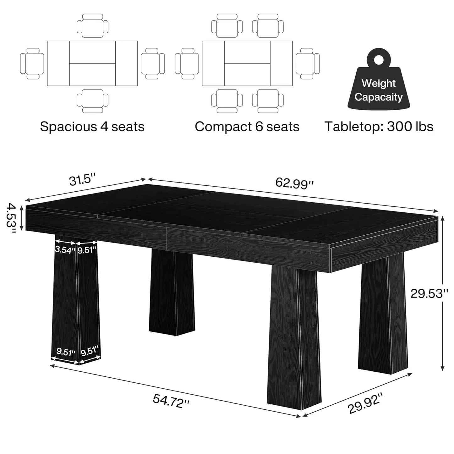 Modern Rectangular Engineered Wood Dining Table With Heavy Duty Legs