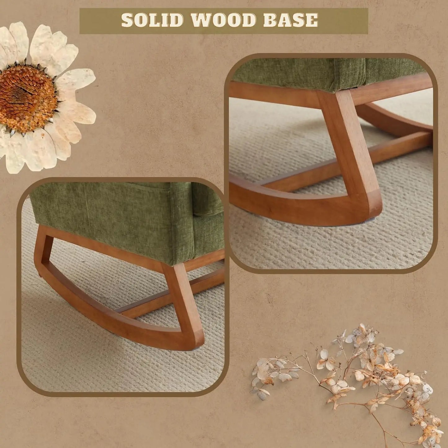 Olive Chenille Rocking Chair Nursery with Thick Headrest, Upholstered Mid-Century Modern Nursing Rocker Glider with, Customized